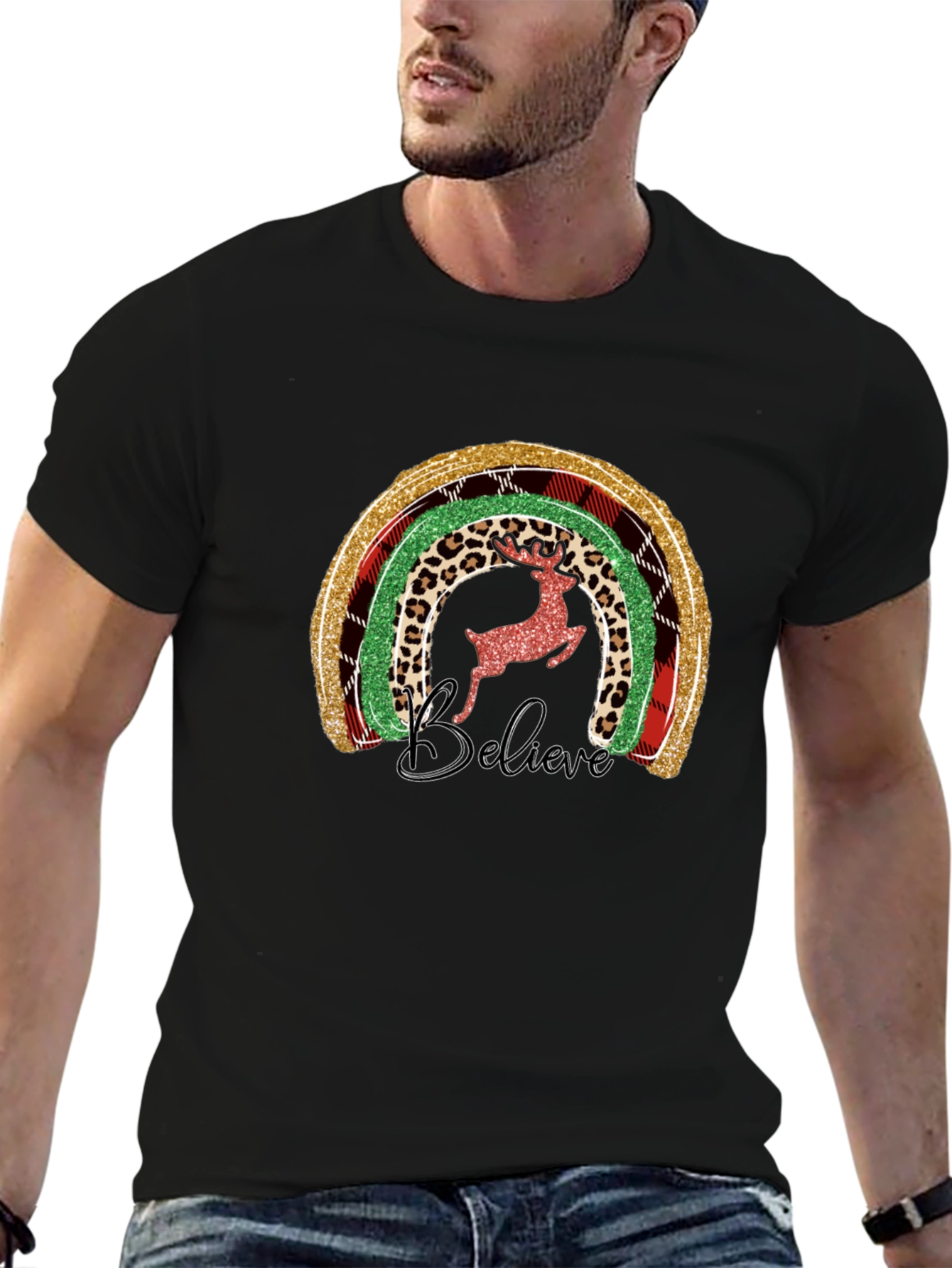 Believe Christmas Rainbow Deer Graphic Tee