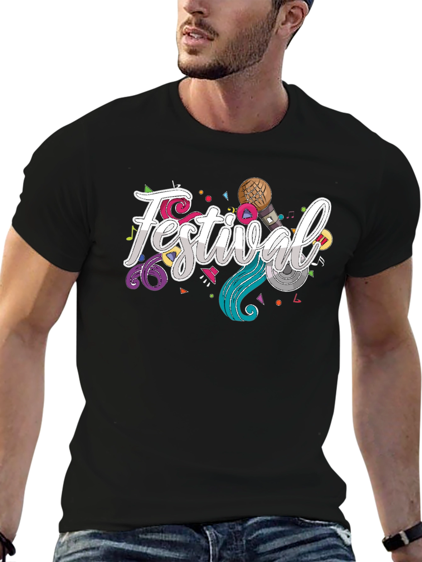 Festival Fun Graphic Tee - Black Cotton T-Shirt