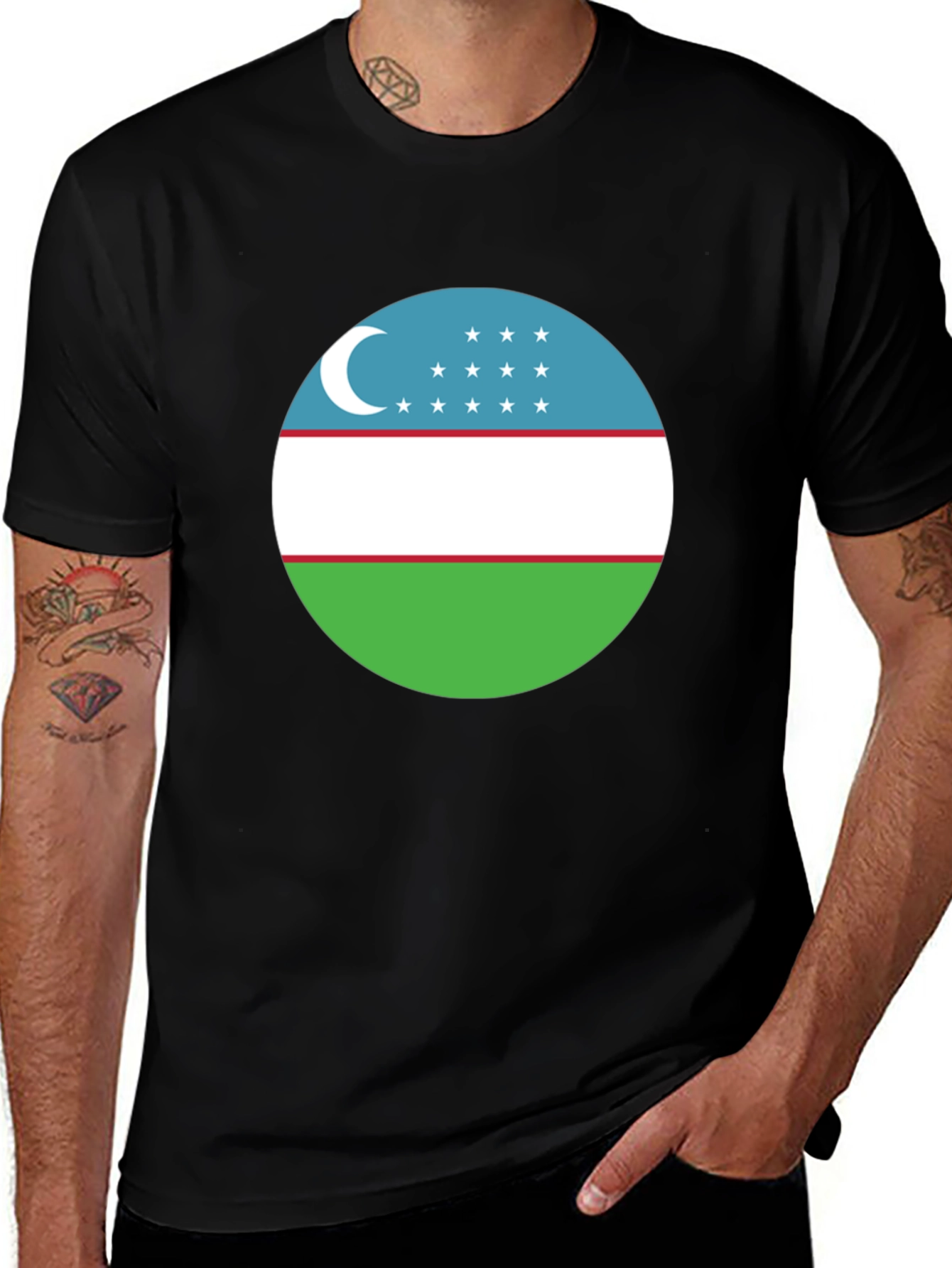 Uzbekistan Flag T-Shirt - Black Cotton Tee