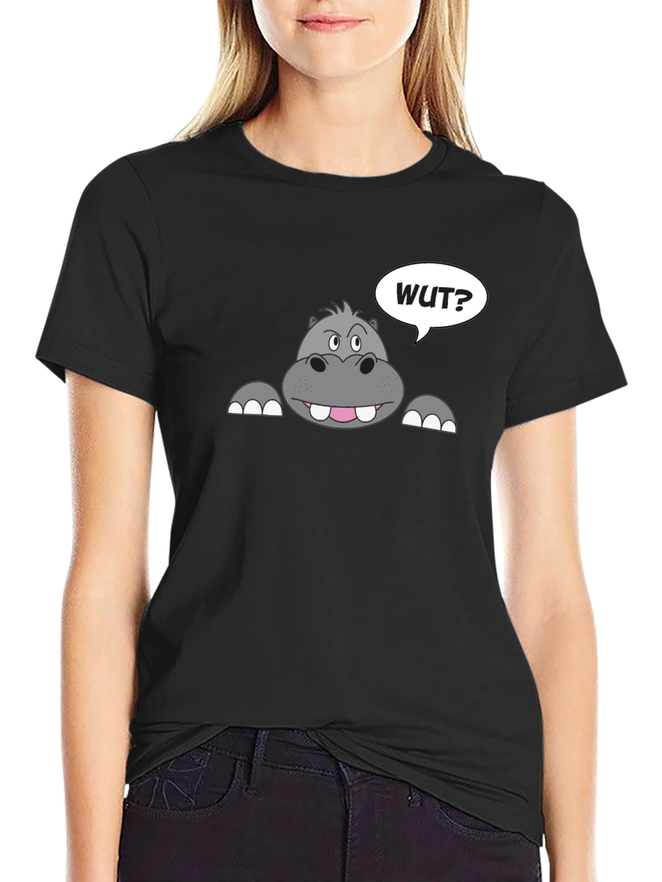 Hippo Wut? Graphic Print Black T-Shirt