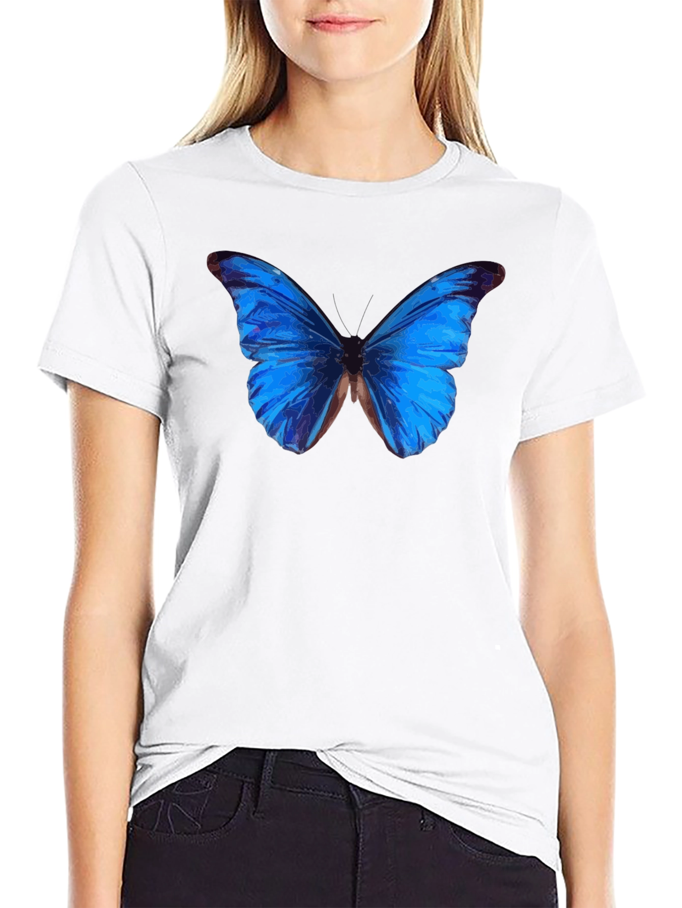 Blue Butterfly Graphic Black T-Shirt