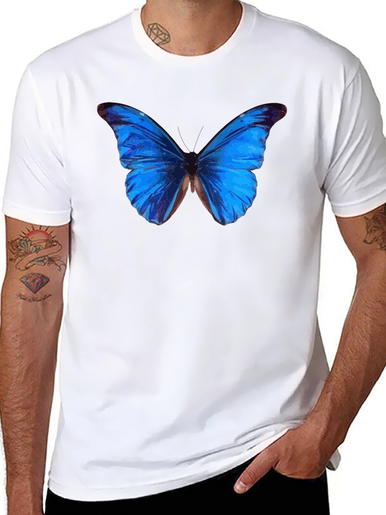 Blue Butterfly Graphic Black T-Shirt