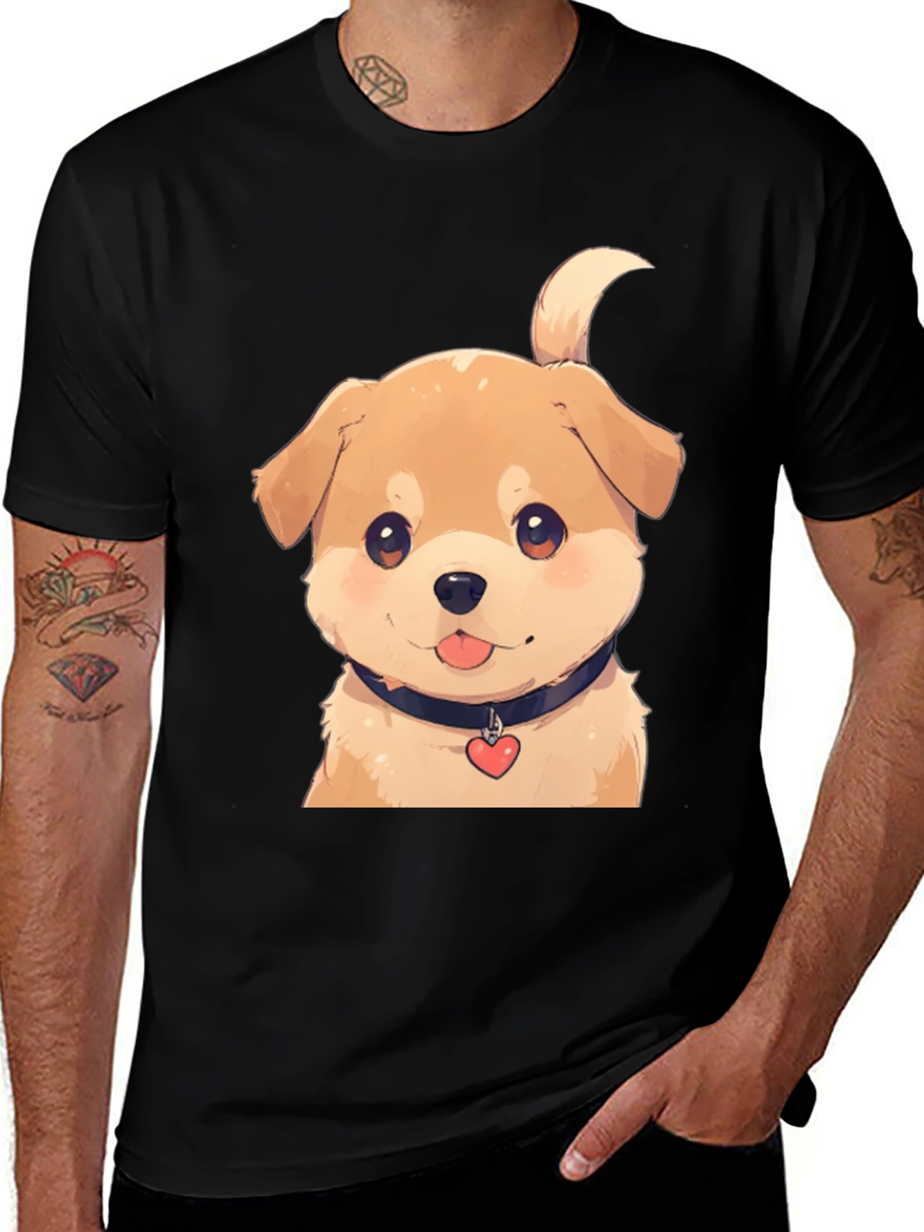 Cute Puppy Graphic Tee - Black Cotton Blend