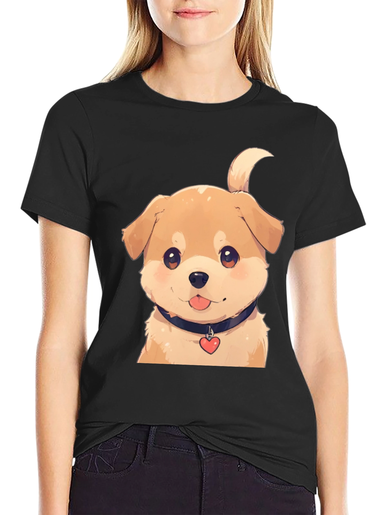 Cute Puppy Graphic Tee - Black Cotton Blend