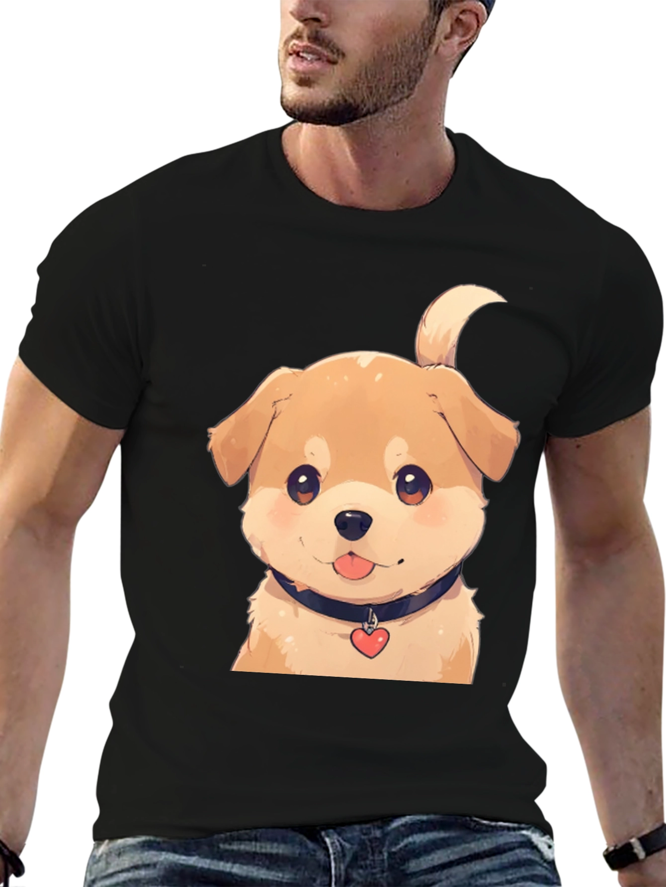 Cute Puppy Graphic Tee - Black Cotton Blend