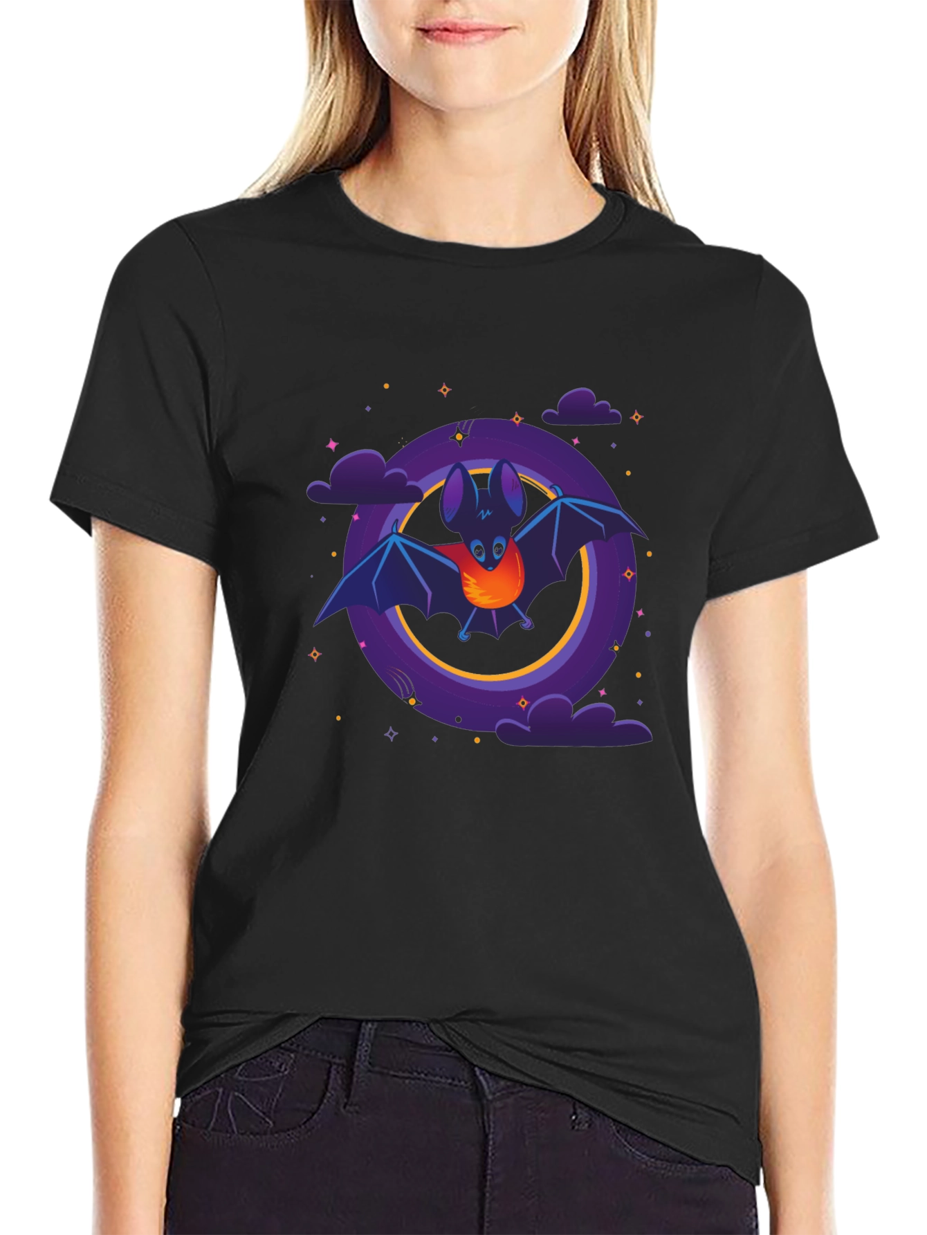 Cartoon Bat Graphic Tee - Unisex Black T-Shirt