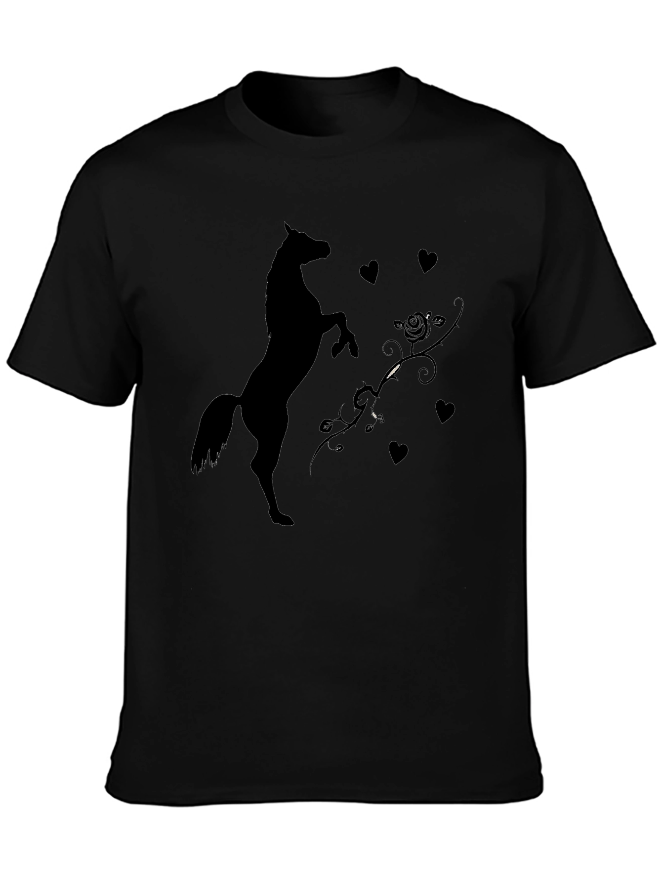 Black T-Shirt with Horse and Hearts Graphic