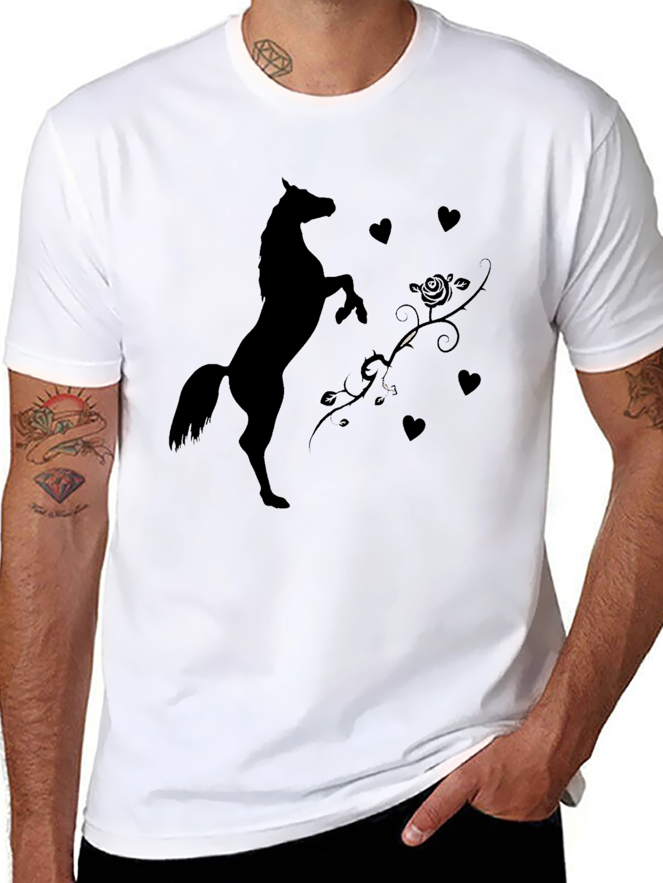 Black T-Shirt with Horse and Hearts Graphic