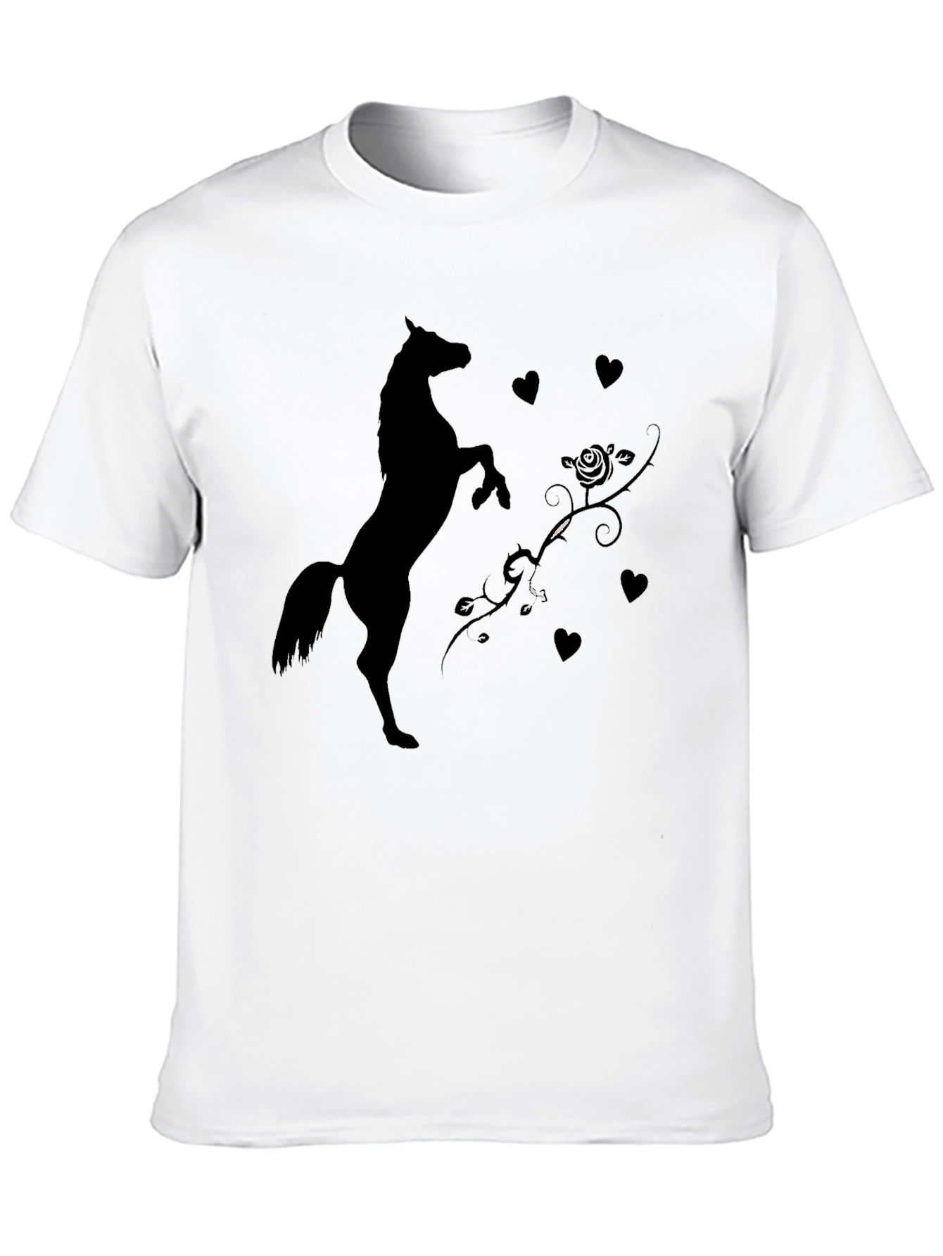 Black T-Shirt with Horse and Hearts Graphic