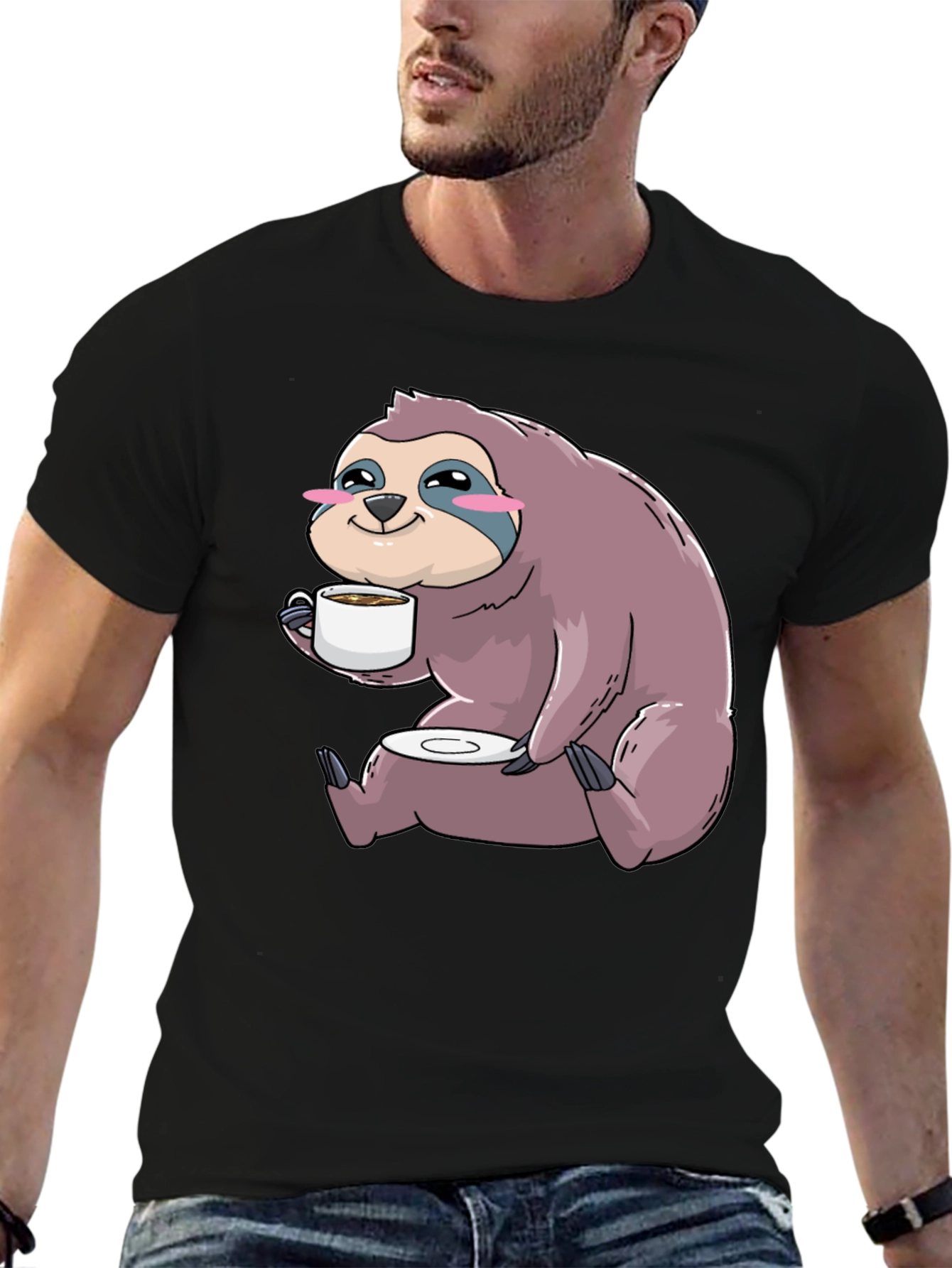 Sloth Coffee T-Shirt - Cute Cartoon Sloth Drinking Coffee