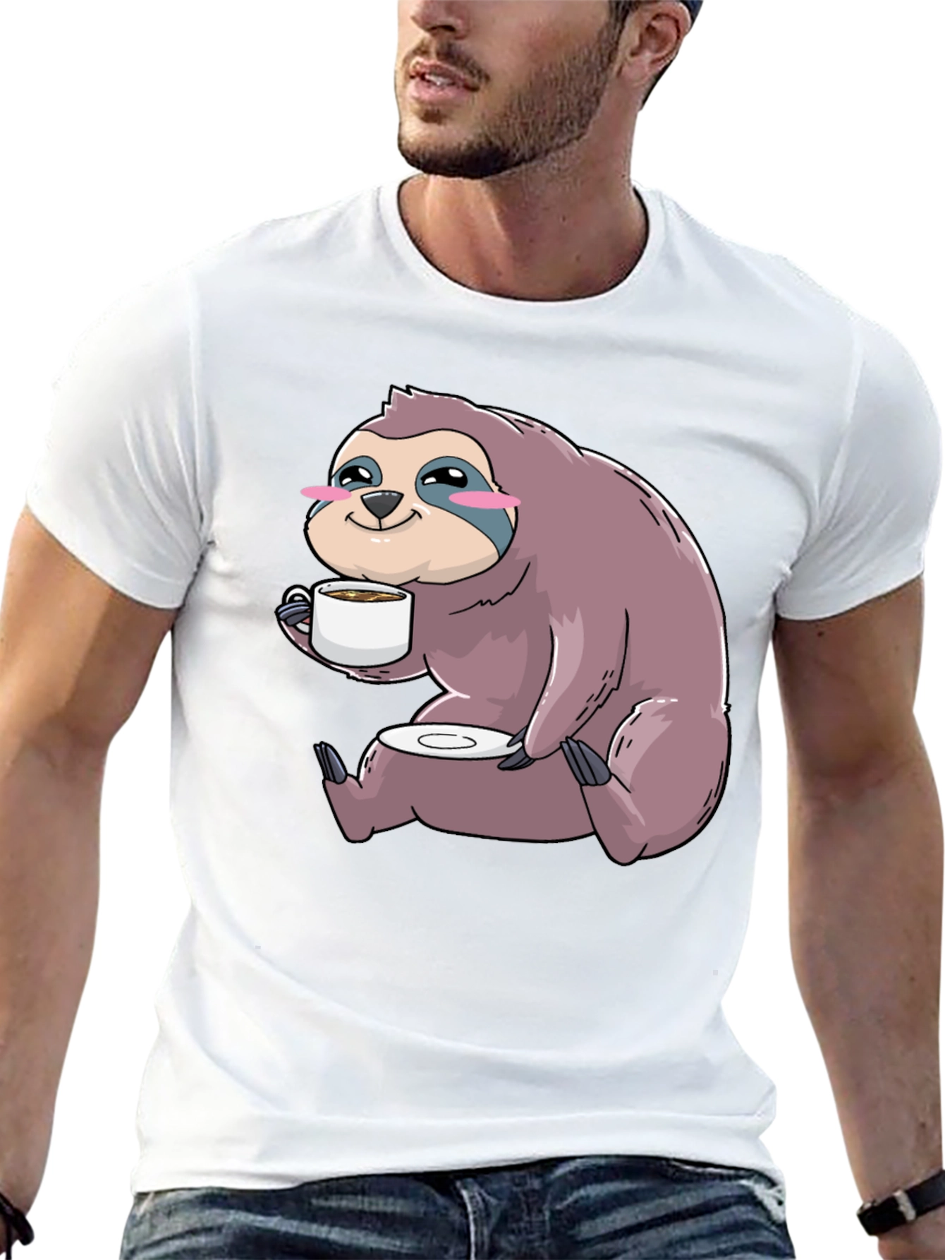 Sloth Coffee T-Shirt - Cute Cartoon Sloth Drinking Coffee