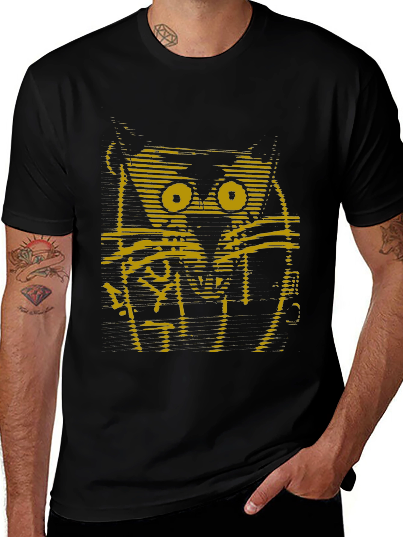 Abstract Cat Graphic Print Black T-Shirt