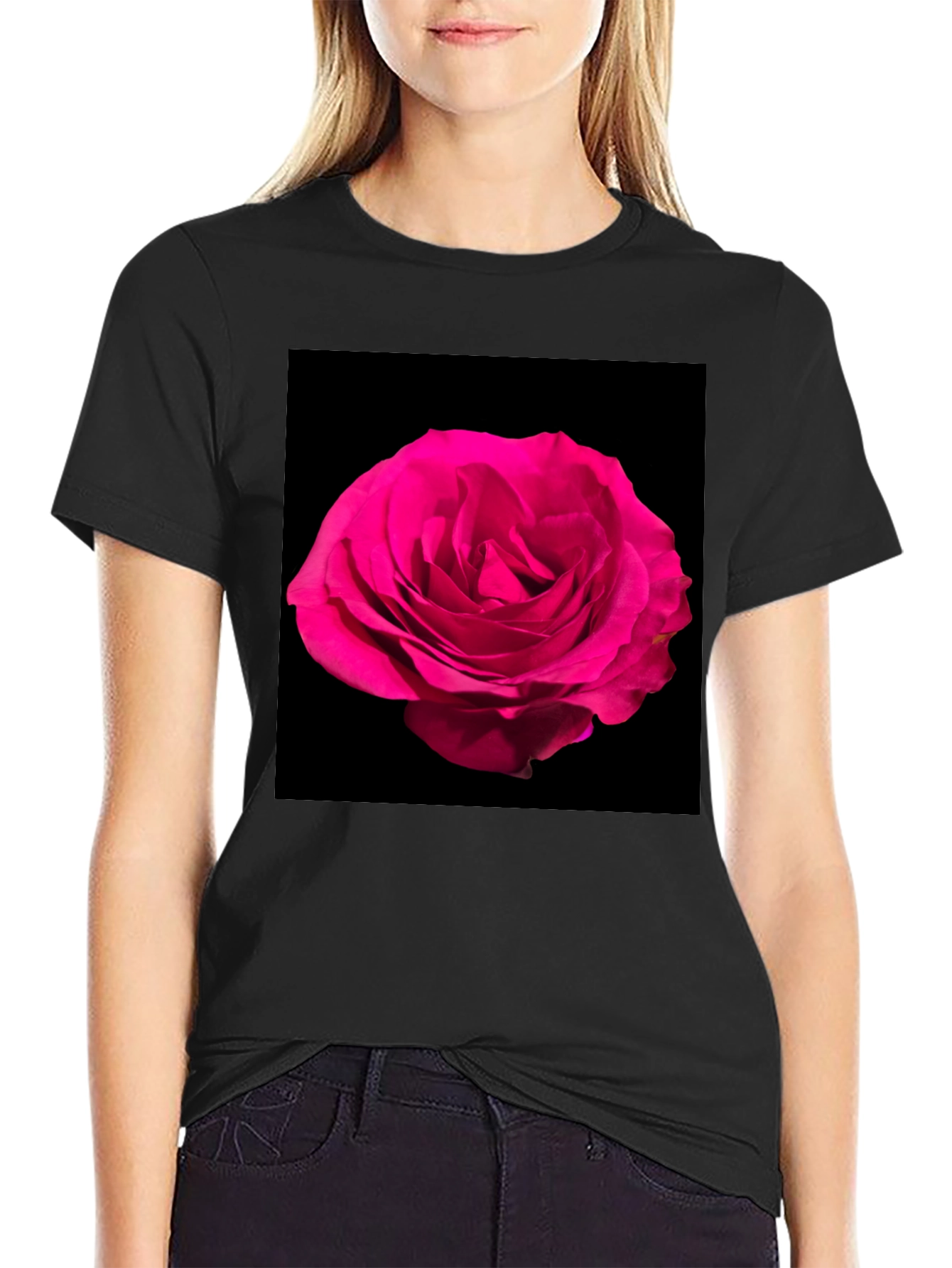 Black T-Shirt with Pink Rose Graphic