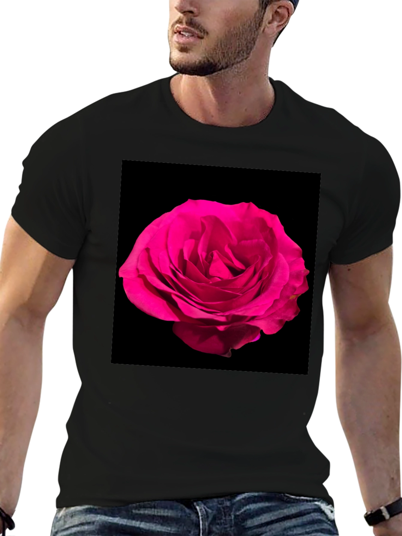 Black T-Shirt with Pink Rose Graphic