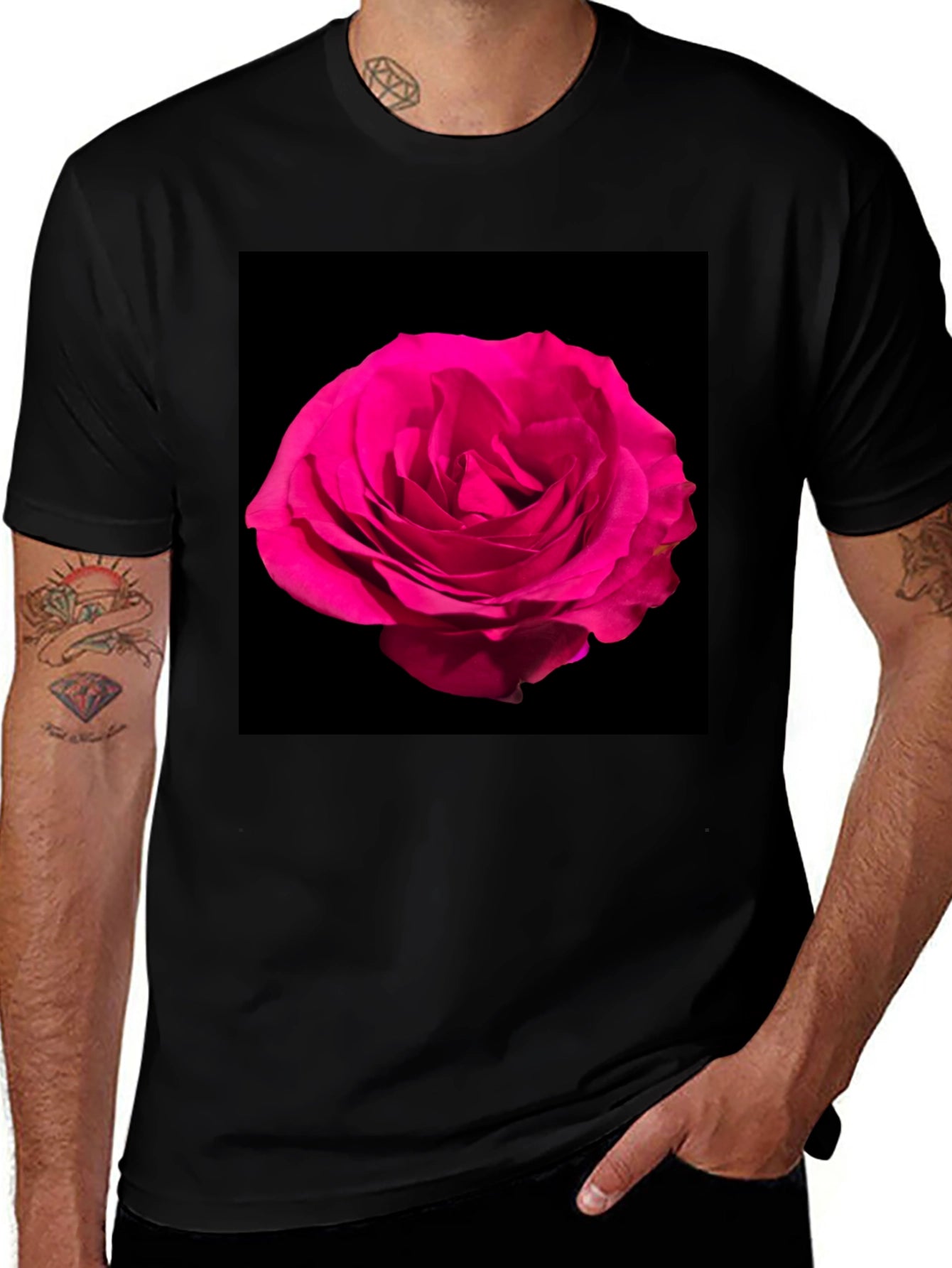 Black T-Shirt with Pink Rose Graphic