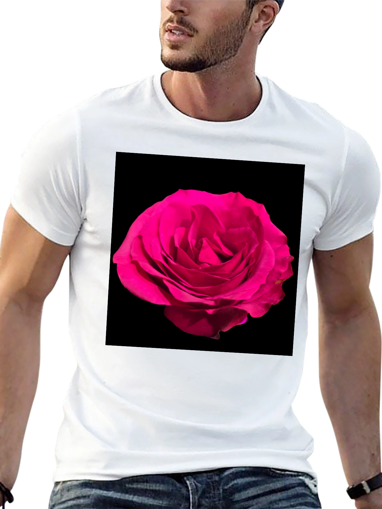 Black T-Shirt with Pink Rose Graphic