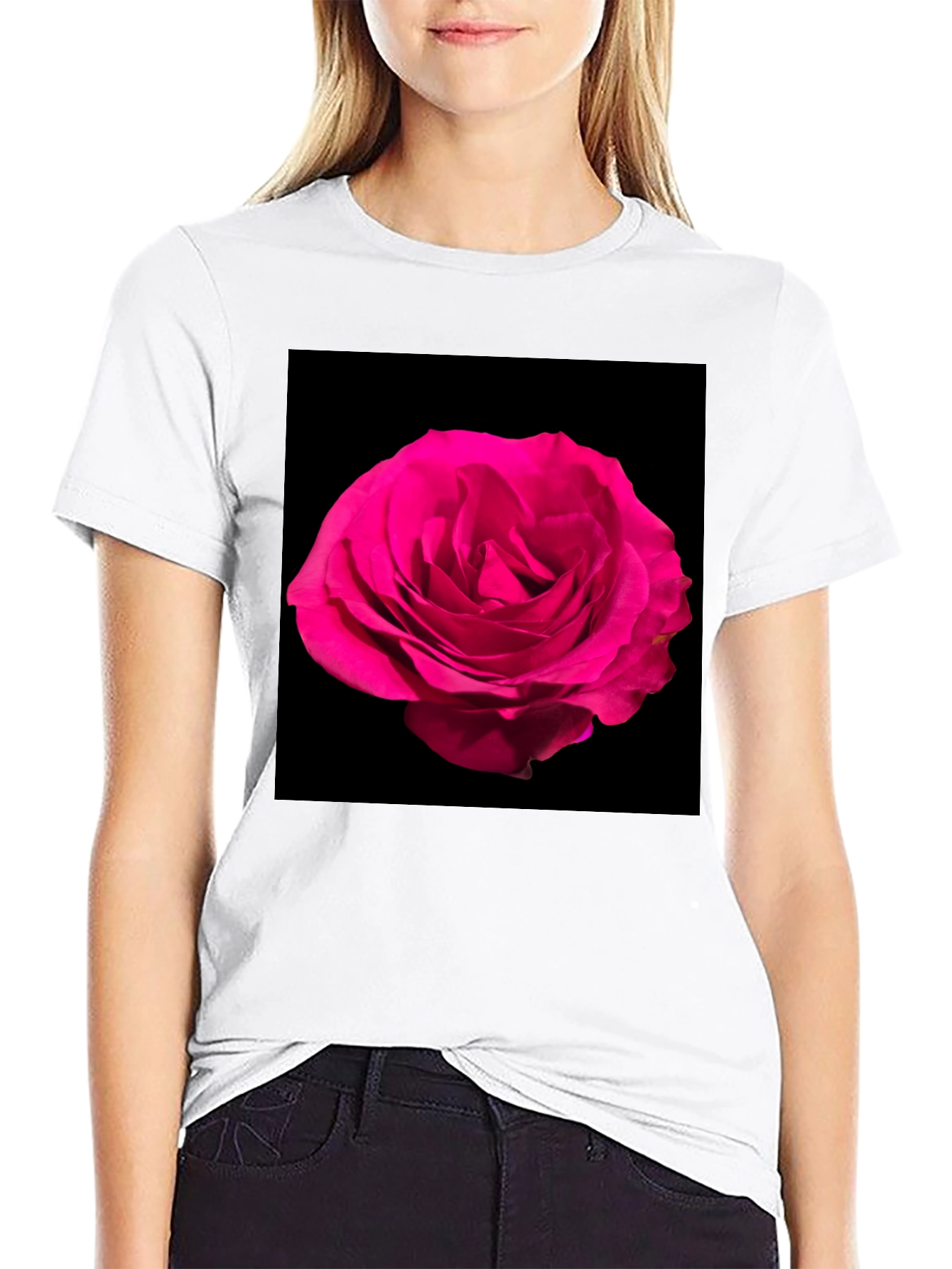 Black T-Shirt with Pink Rose Graphic