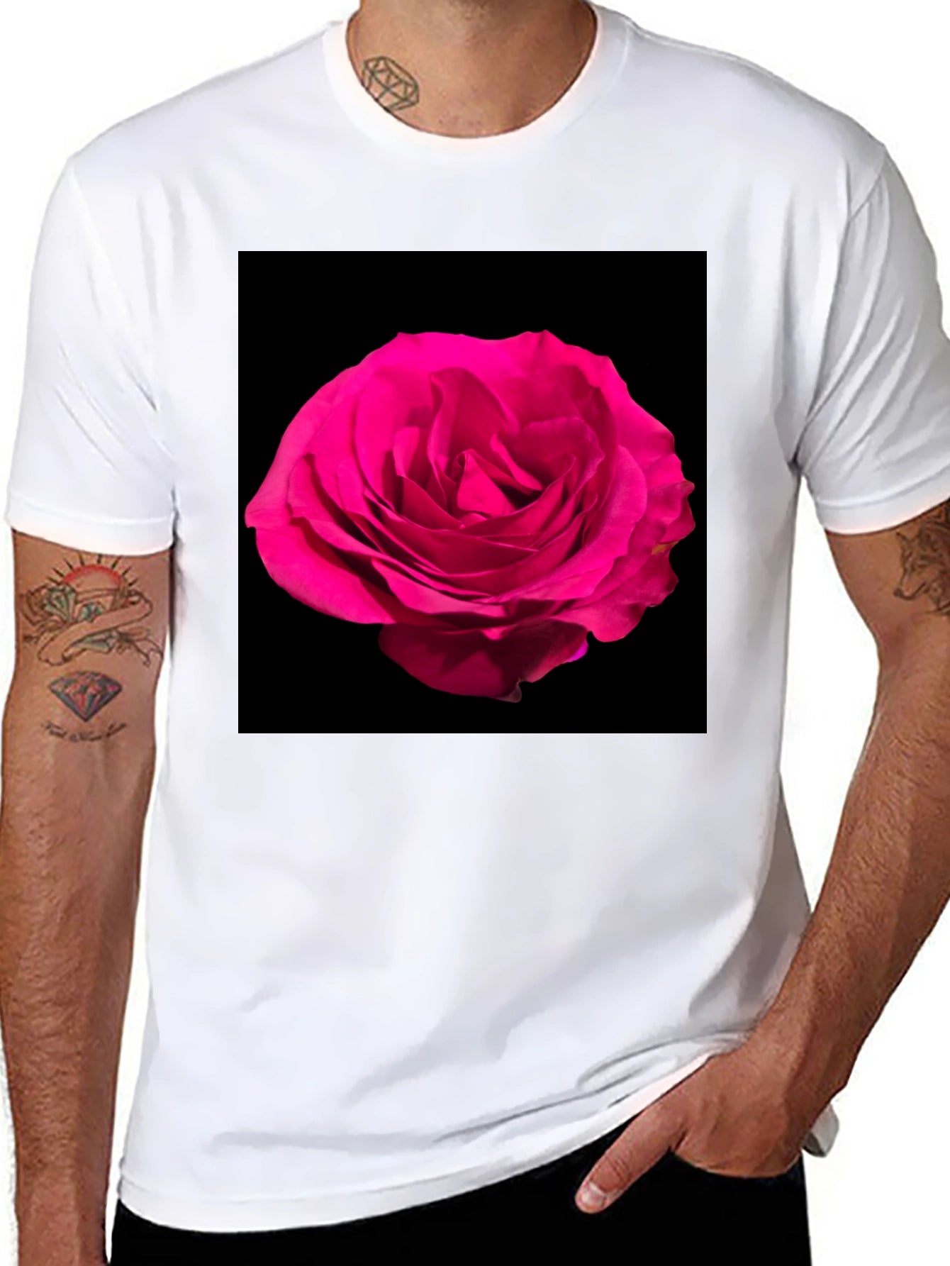 Black T-Shirt with Pink Rose Graphic