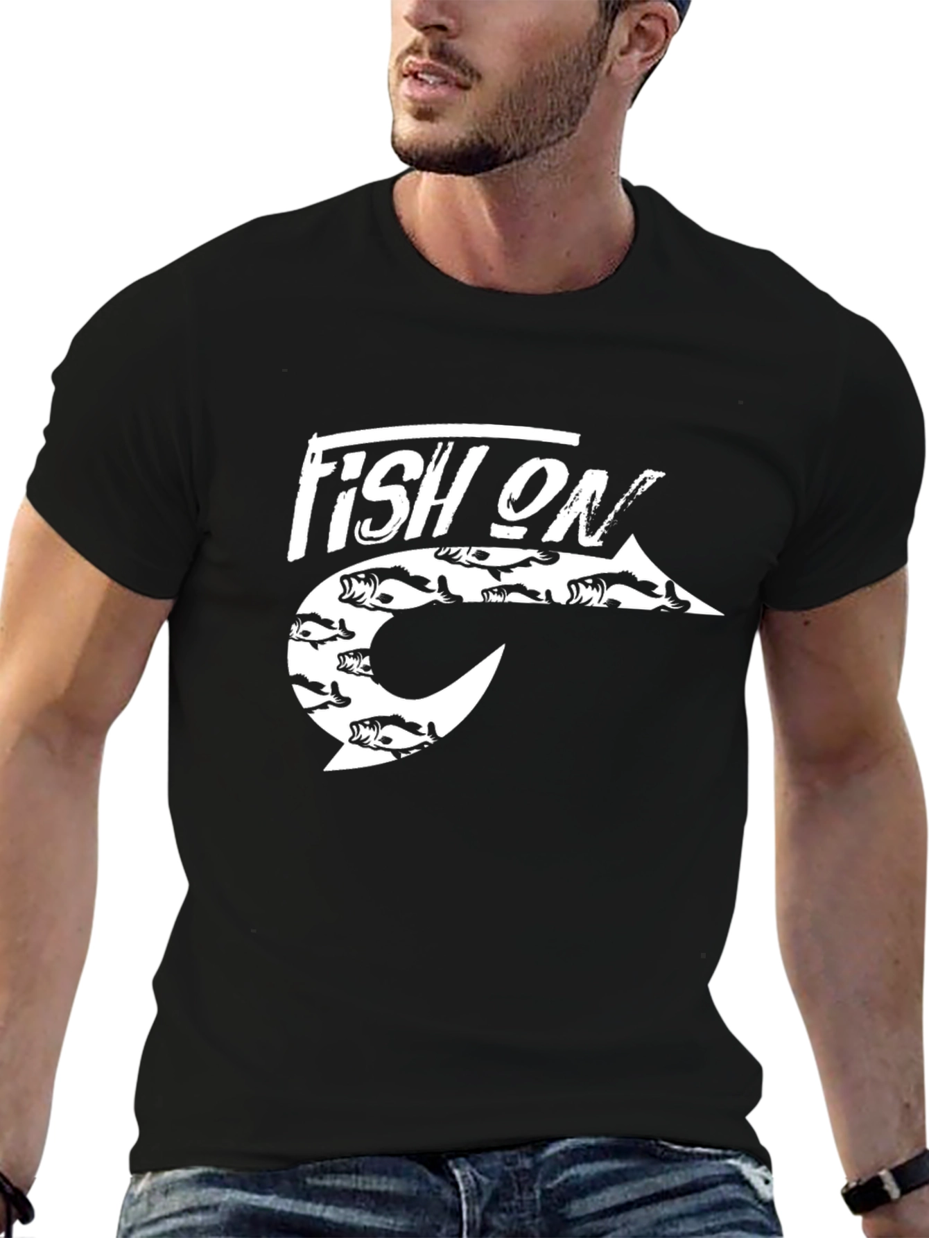 Fish On Graphic Tee - Black Cotton Fishing Shirt