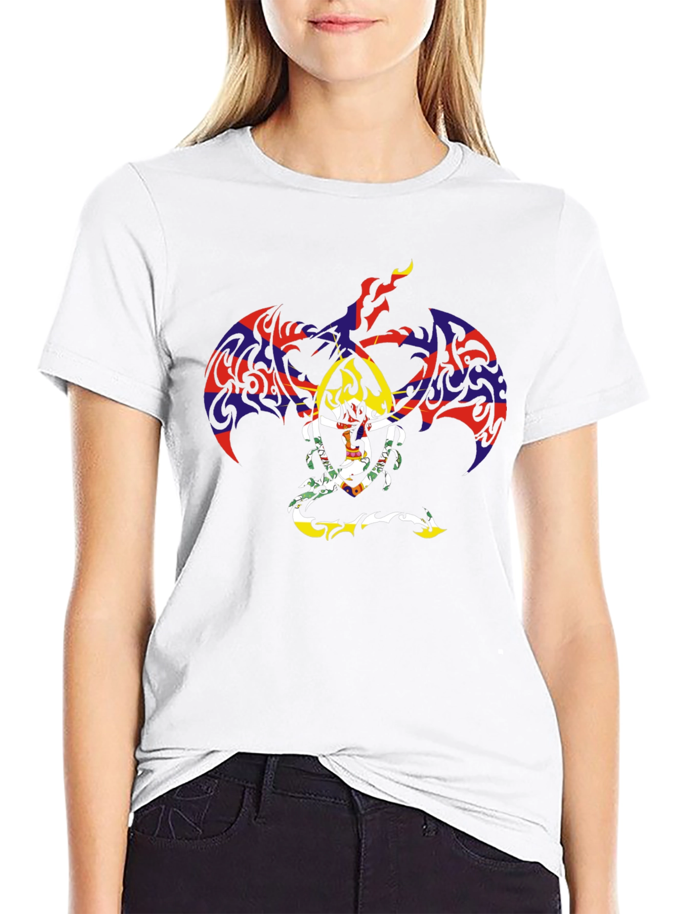 Tribal Dragon Graphic Tee - Black Cotton Casual Top