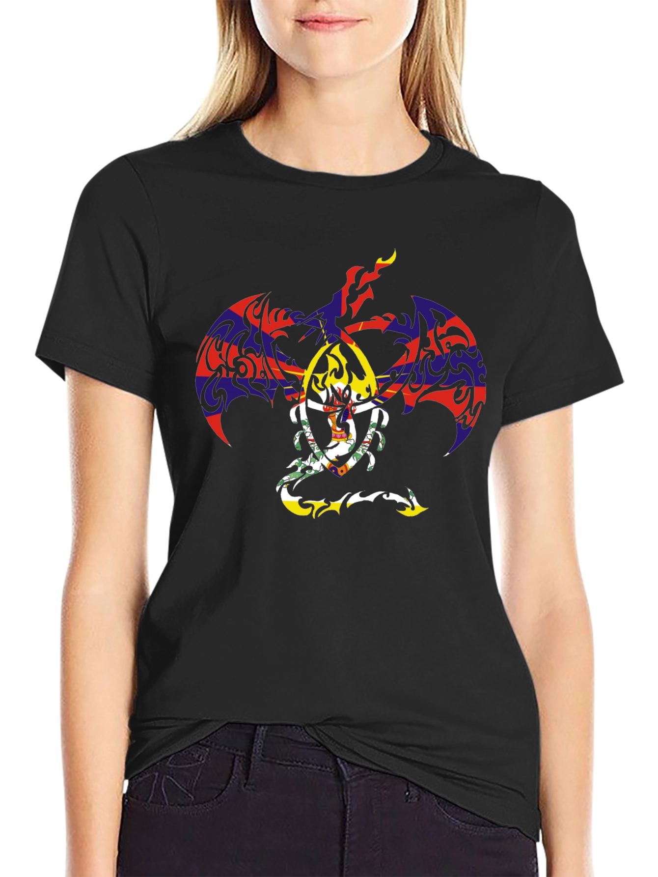 Tribal Dragon Graphic Tee - Black Cotton Casual Top