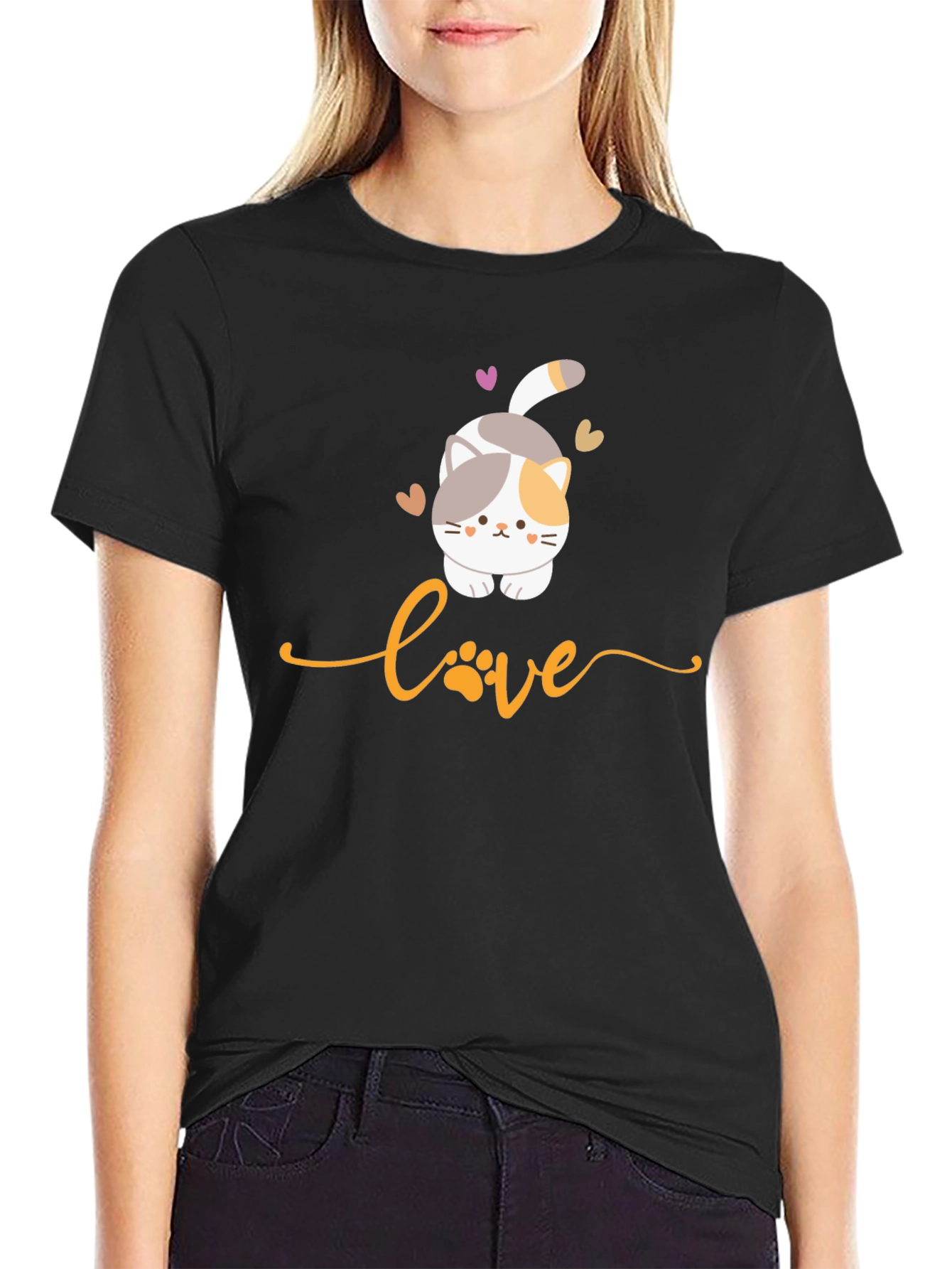 Cute Cat Love Graphic T-Shirt - Black