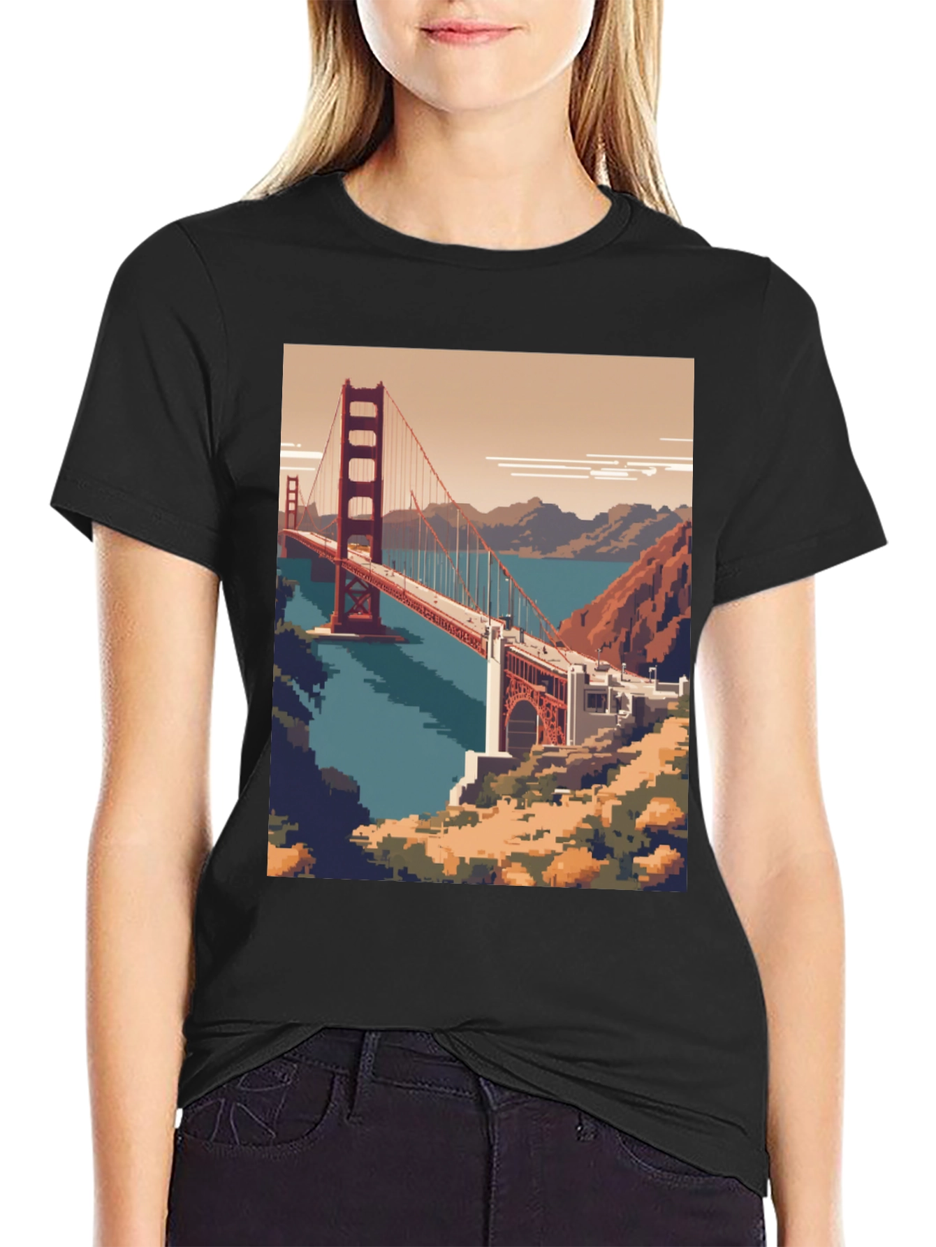 Pixel Art Golden Gate Bridge Black Tee