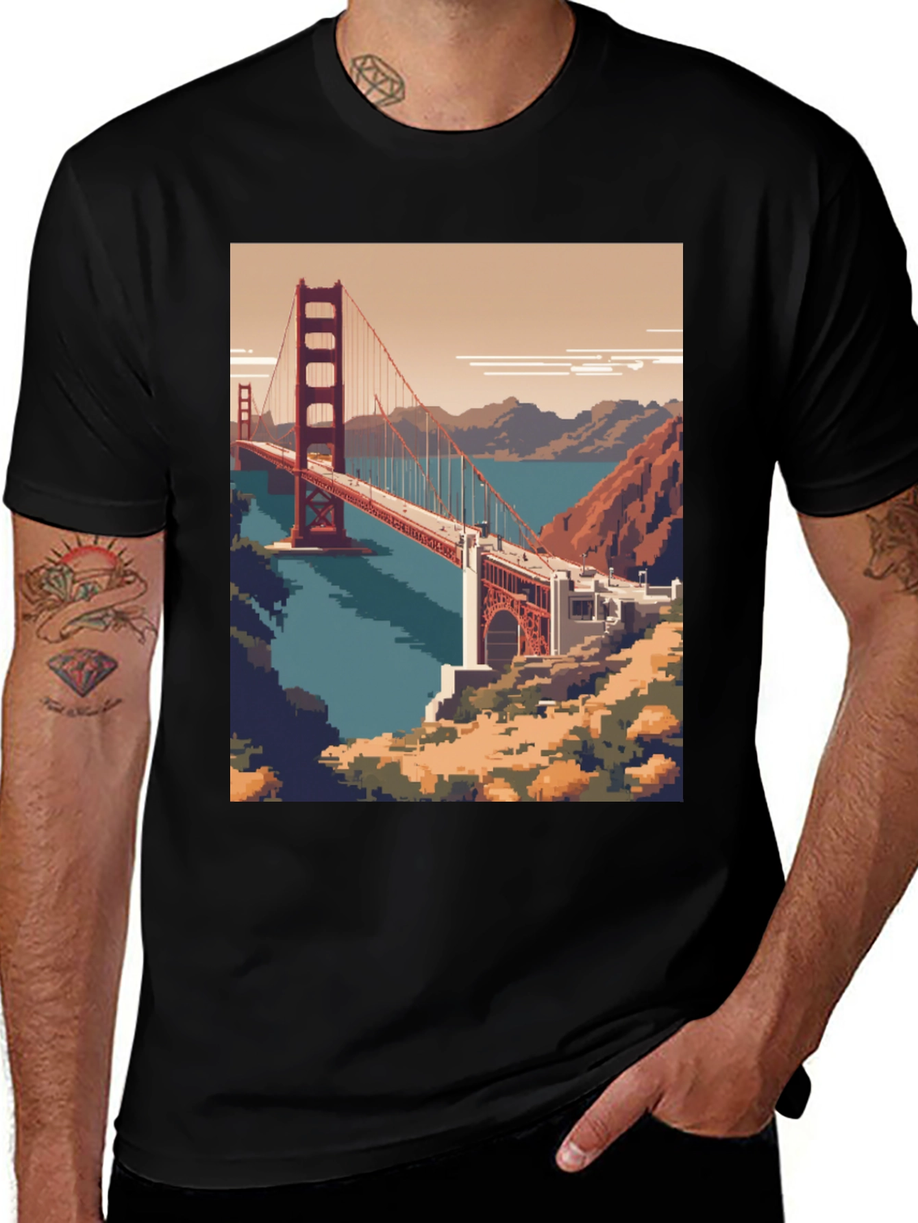 Pixel Art Golden Gate Bridge Black Tee