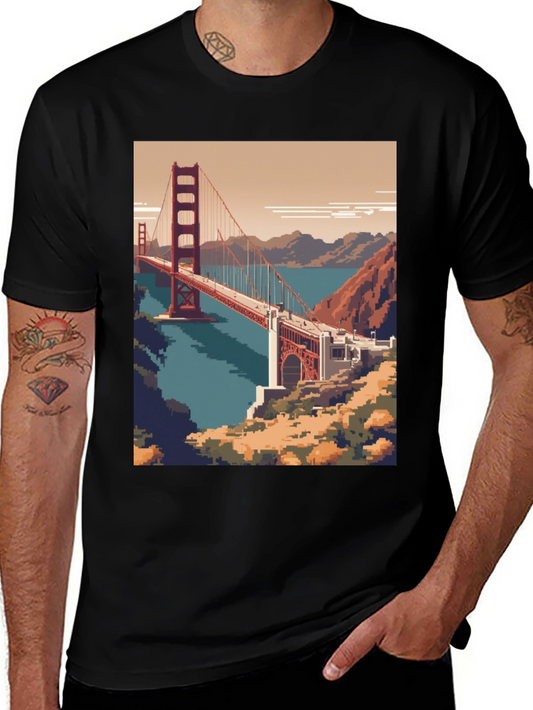 Pixel Art Golden Gate Bridge Black Tee