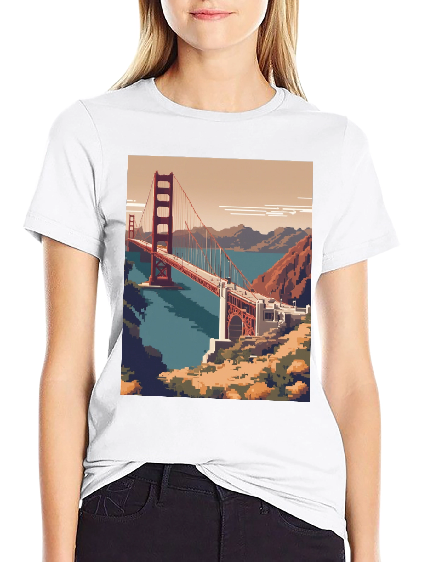 Pixel Art Golden Gate Bridge Black Tee
