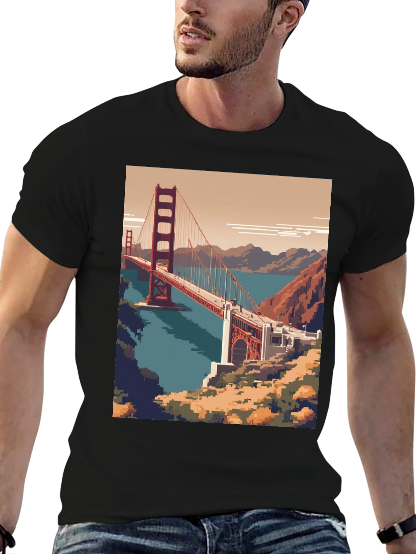 Pixel Art Golden Gate Bridge Black Tee