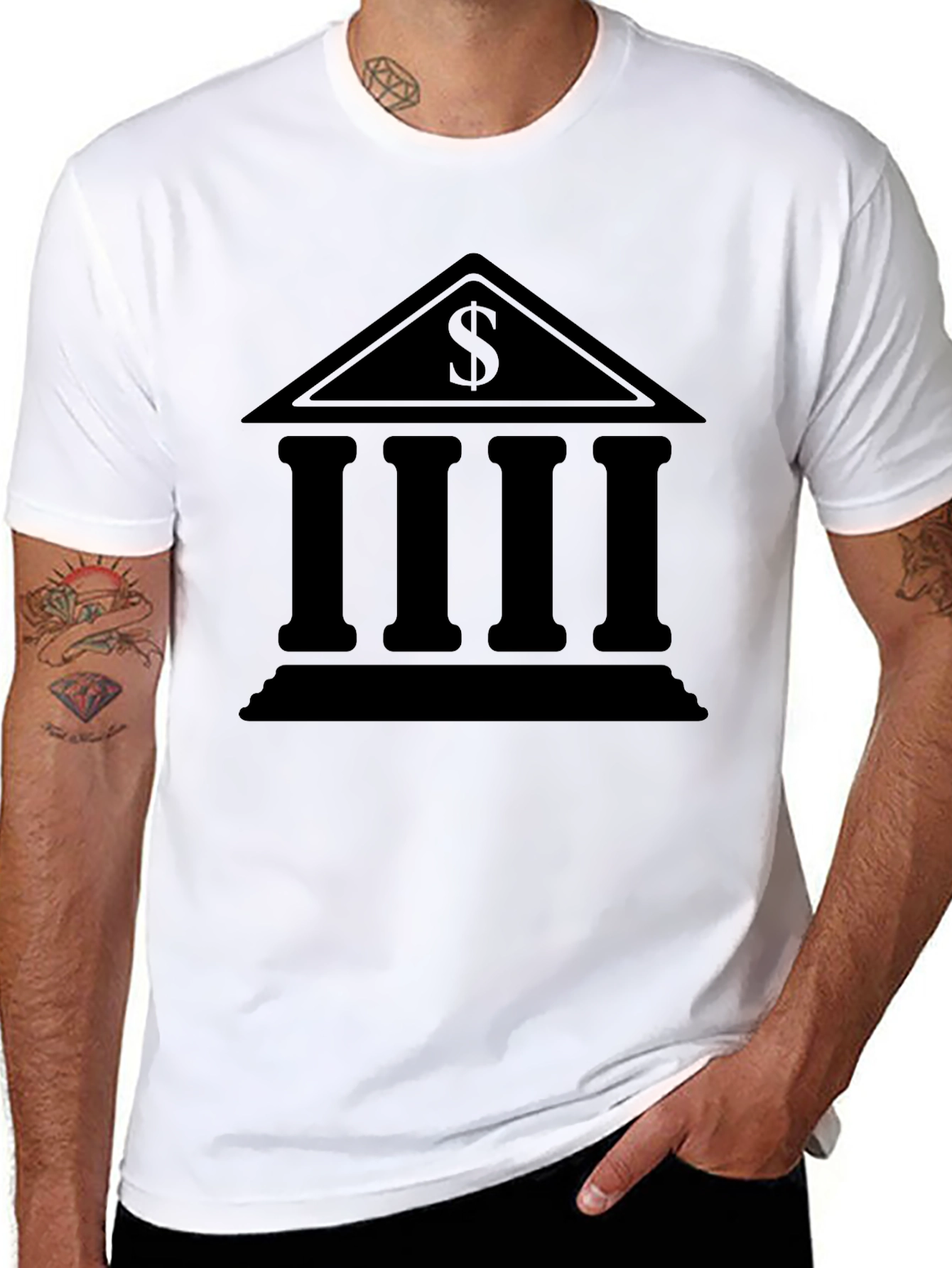 Bank Building Dollar Sign Graphic Black T-Shirt