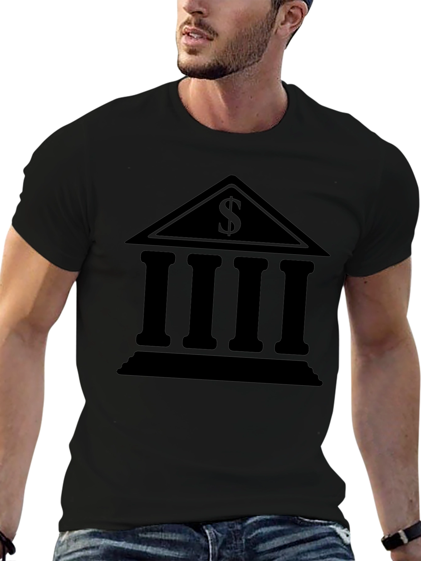 Bank Building Dollar Sign Graphic Black T-Shirt