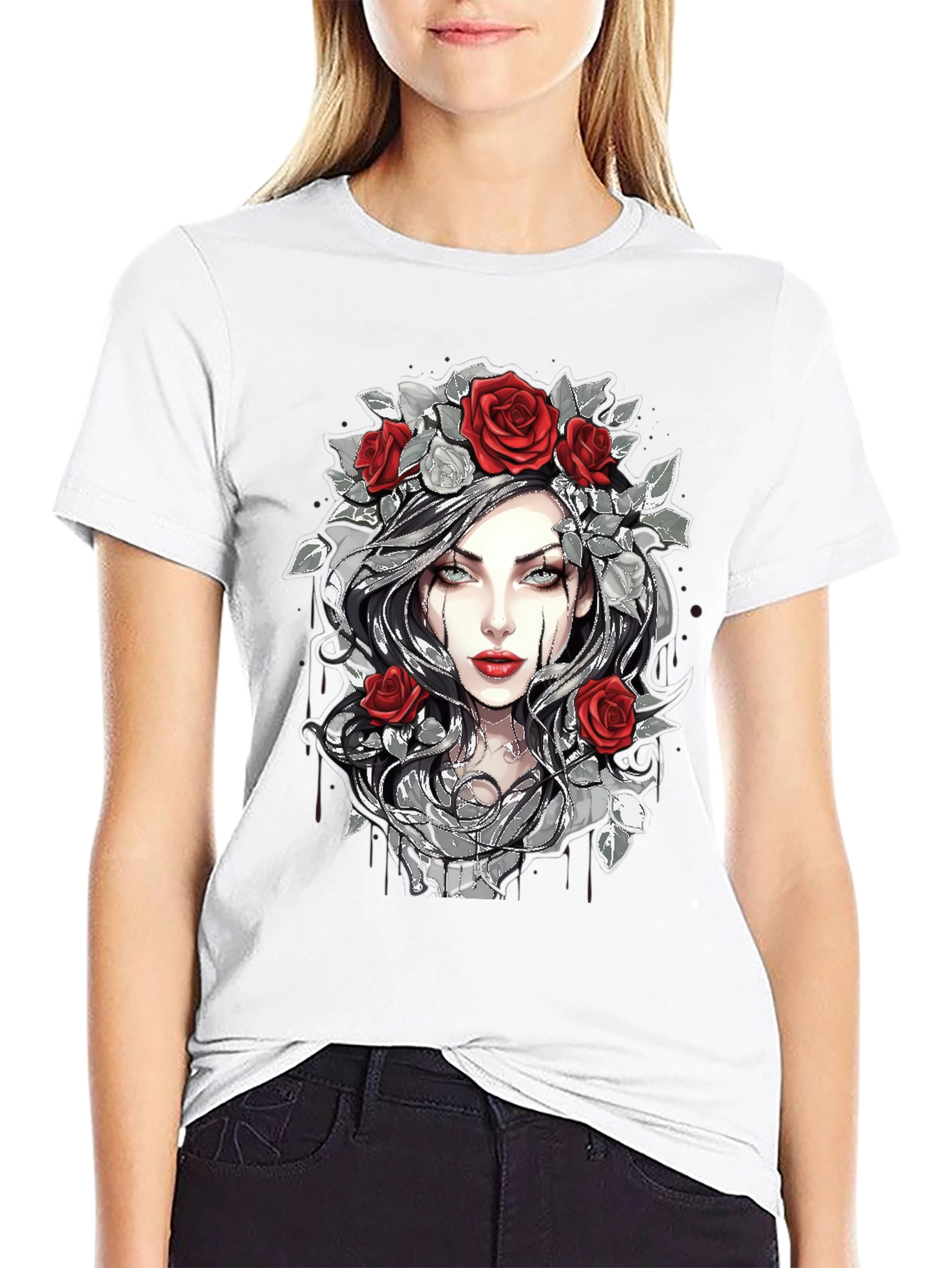 Rose Crown Gothic Tee - Stylish Graphic Print T-Shirt