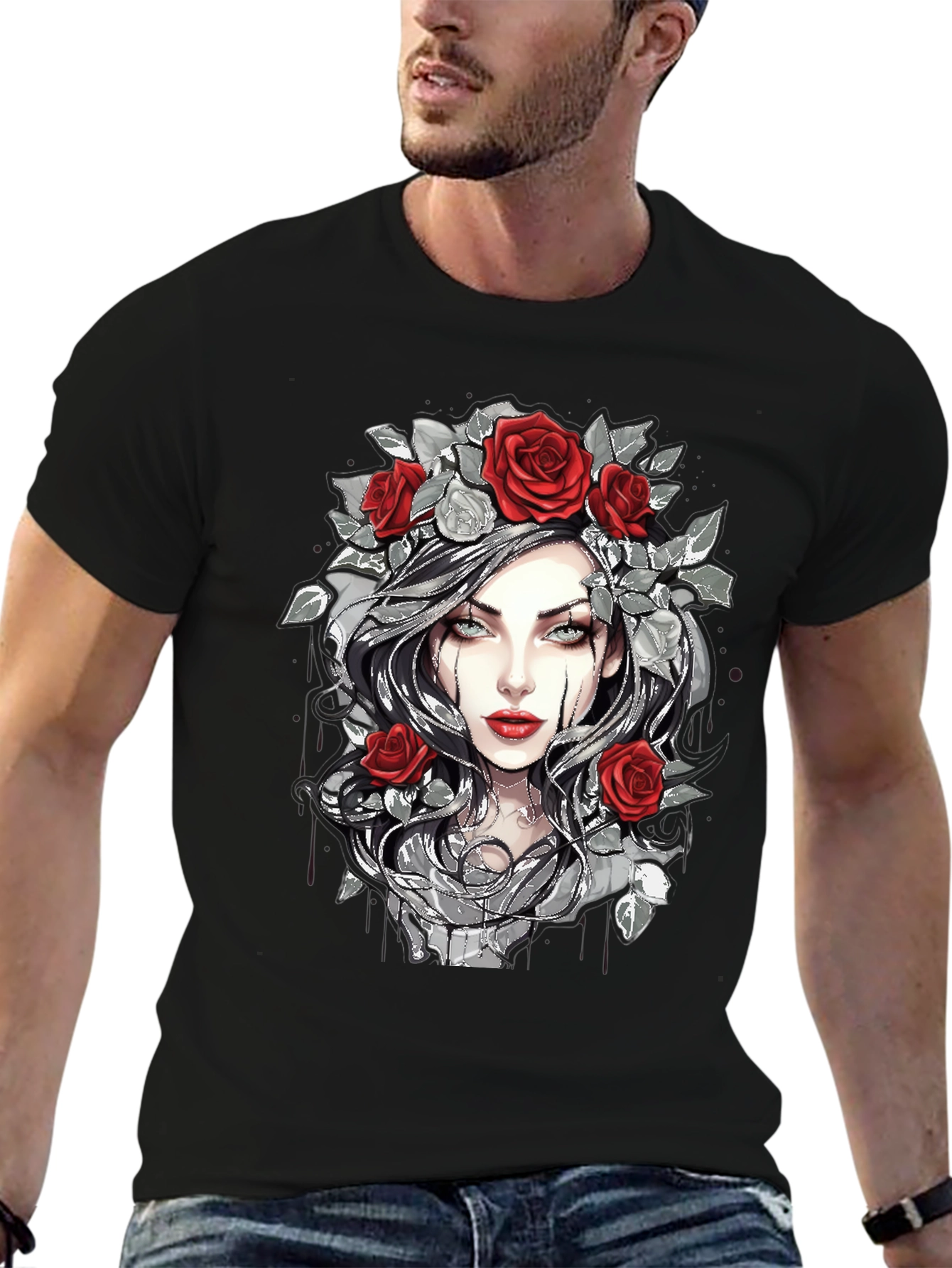 Rose Crown Gothic Tee - Stylish Graphic Print T-Shirt