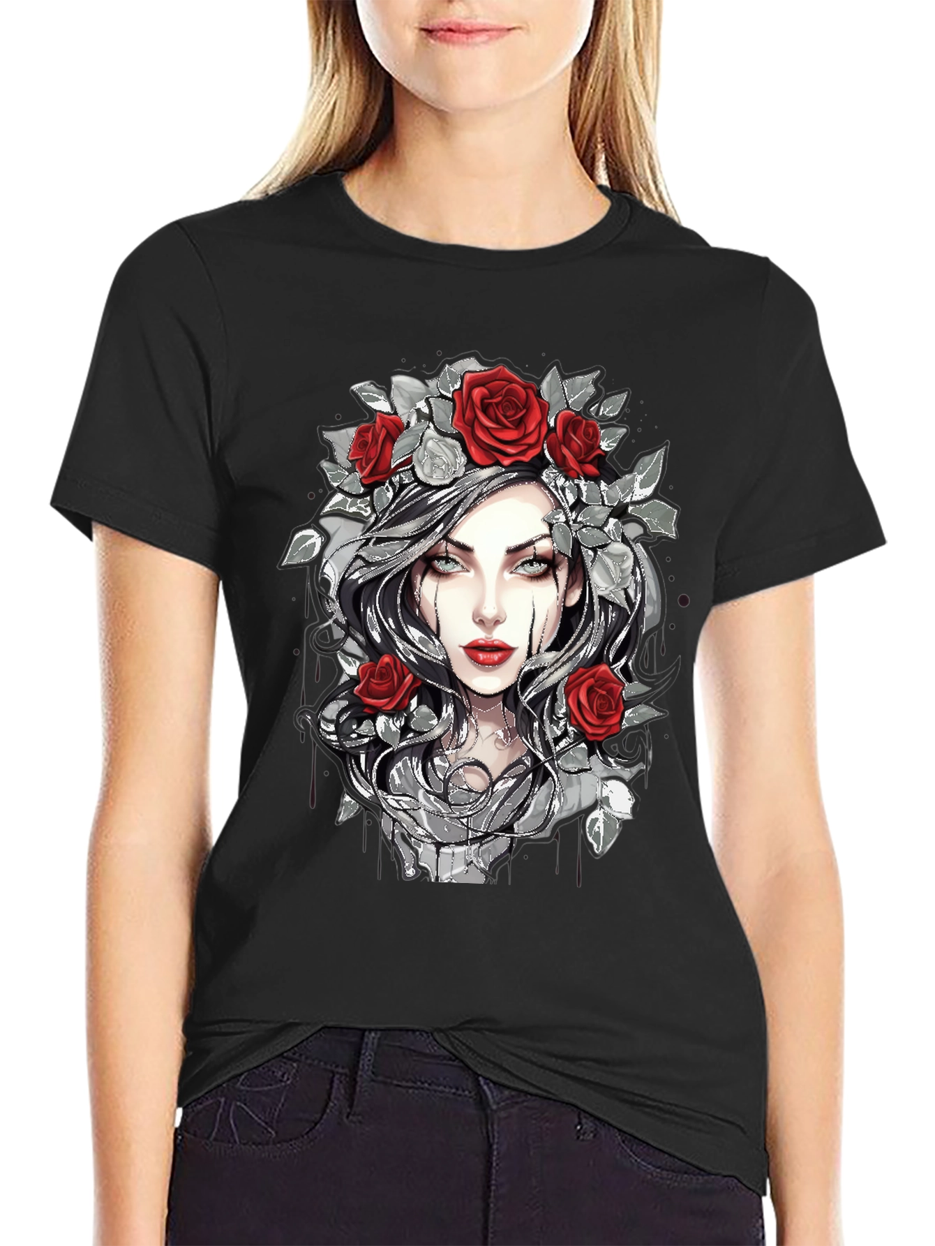 Rose Crown Gothic Tee - Stylish Graphic Print T-Shirt