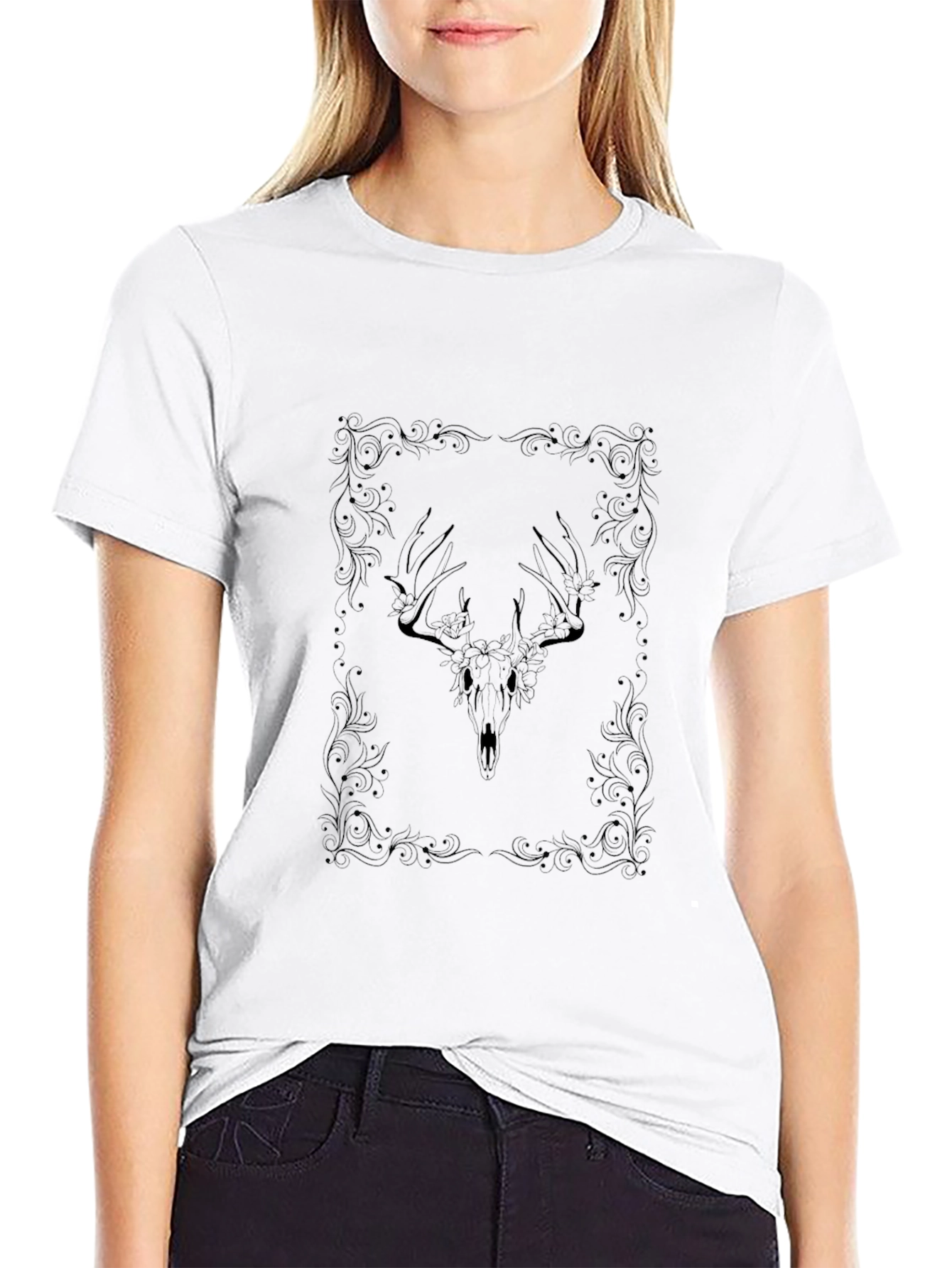 Deer Skull Floral Frame Graphic Tee