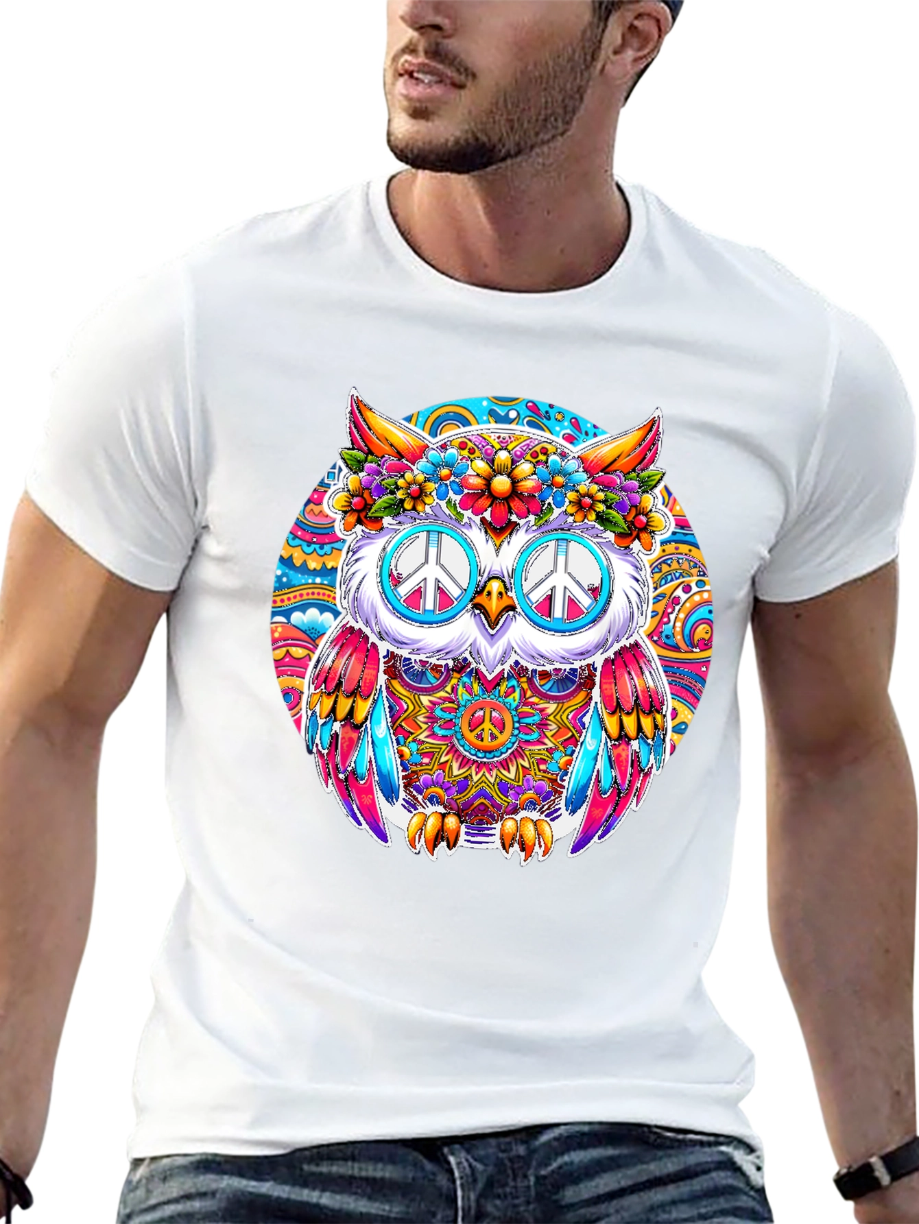 Hippie Owl Graphic Tee - Peace Sign Sunglasses