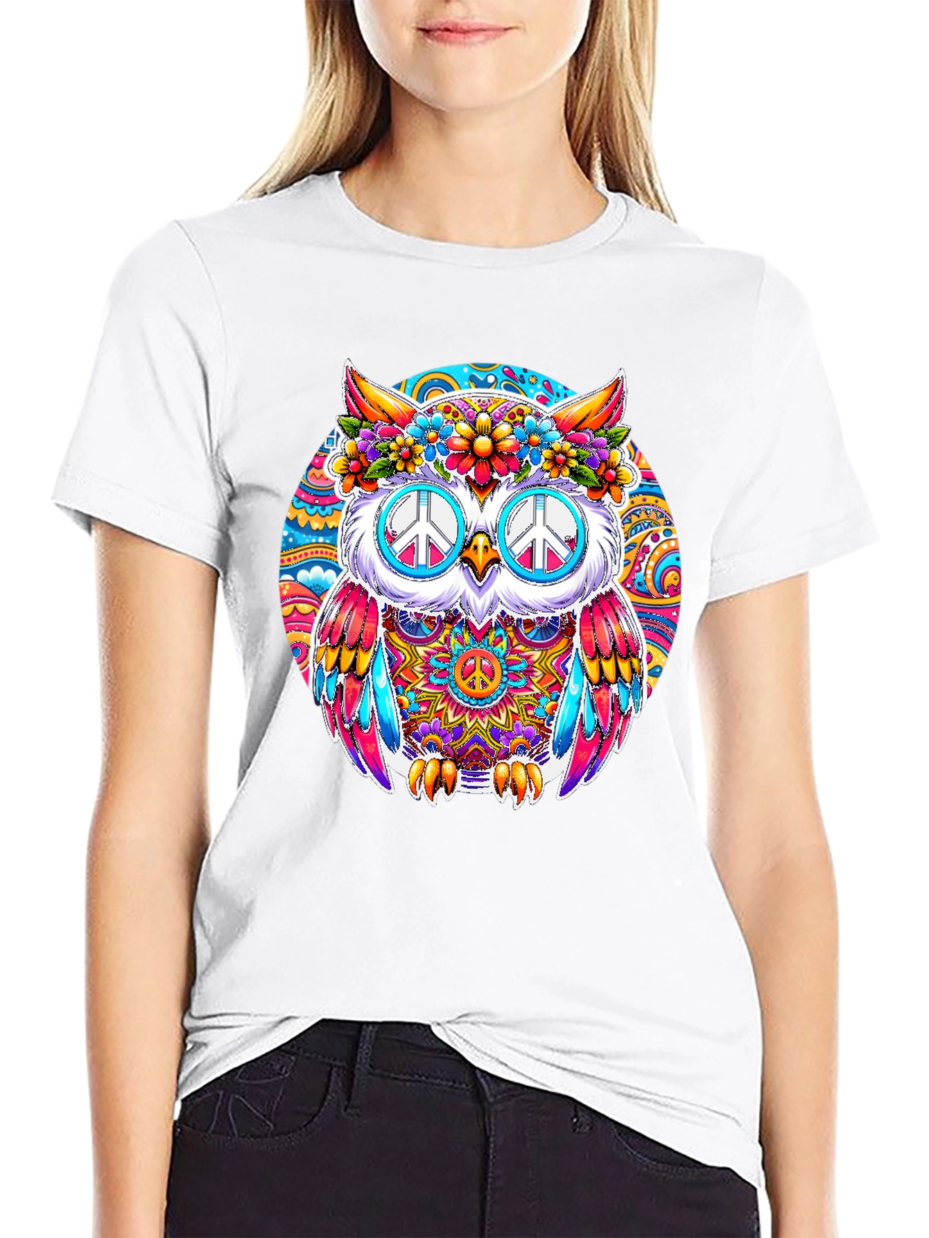 Hippie Owl Graphic Tee - Peace Sign Sunglasses