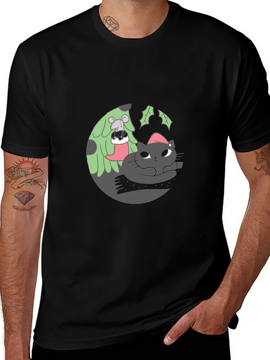 Festive Cat & Mouse Graphic Black T-Shirt