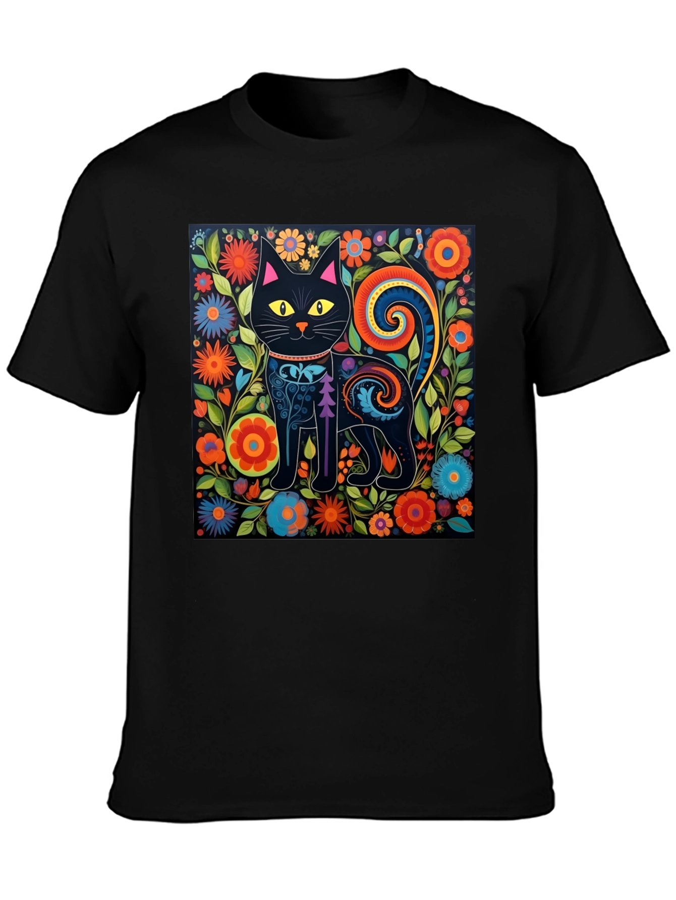 Floral Cat Graphic Tee - Unique Black T-Shirt