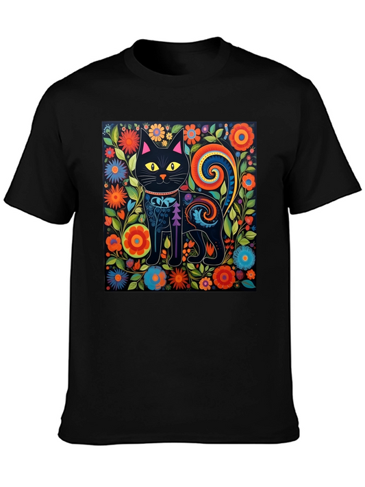 Floral Cat Graphic Tee - Unique Black T-Shirt