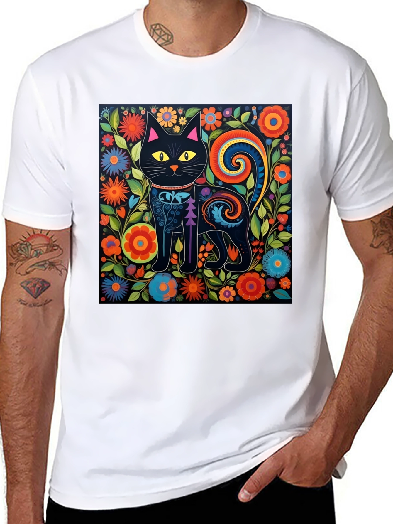Floral Cat Graphic Tee - Unique Black T-Shirt
