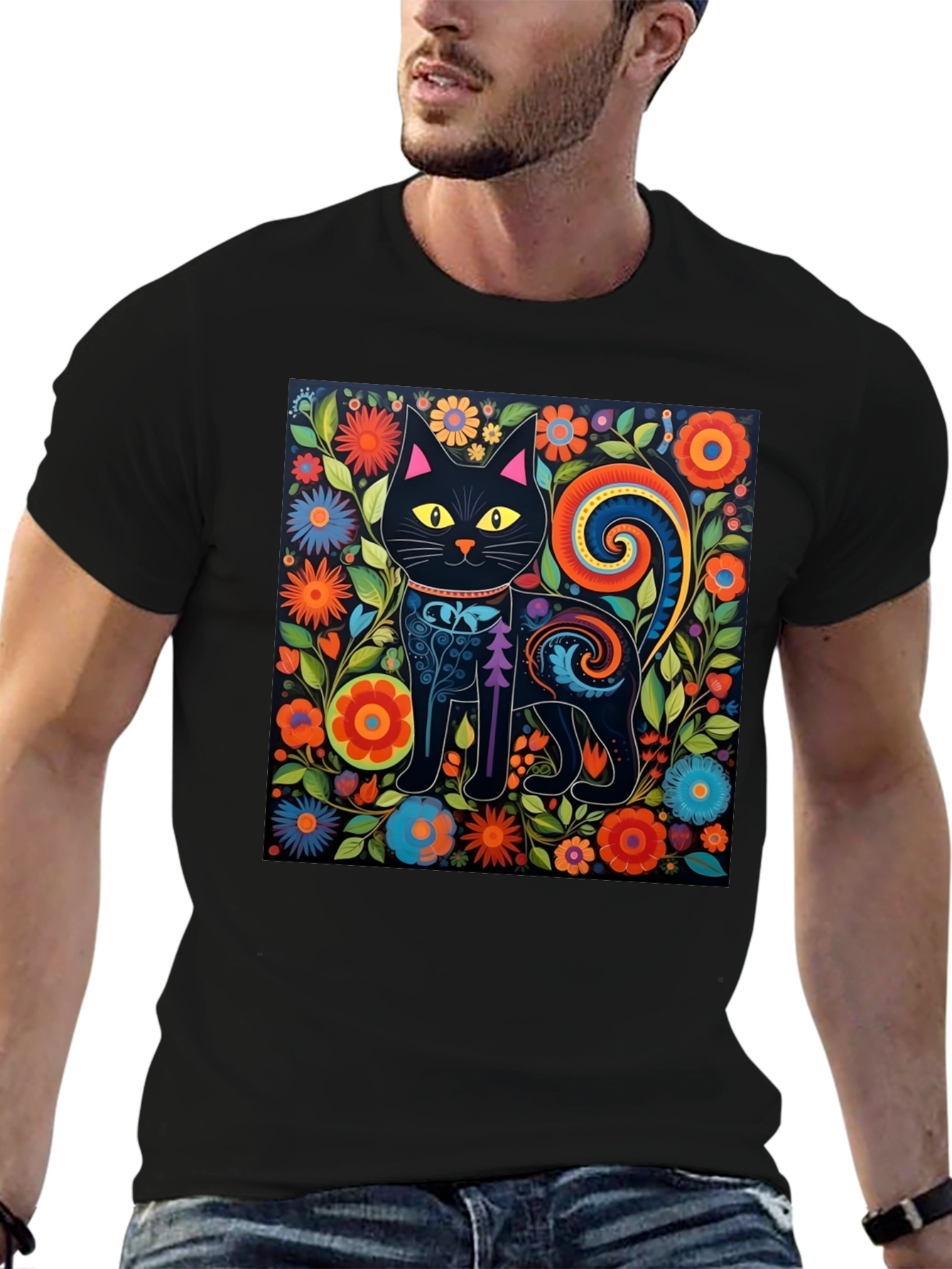 Floral Cat Graphic Tee - Unique Black T-Shirt