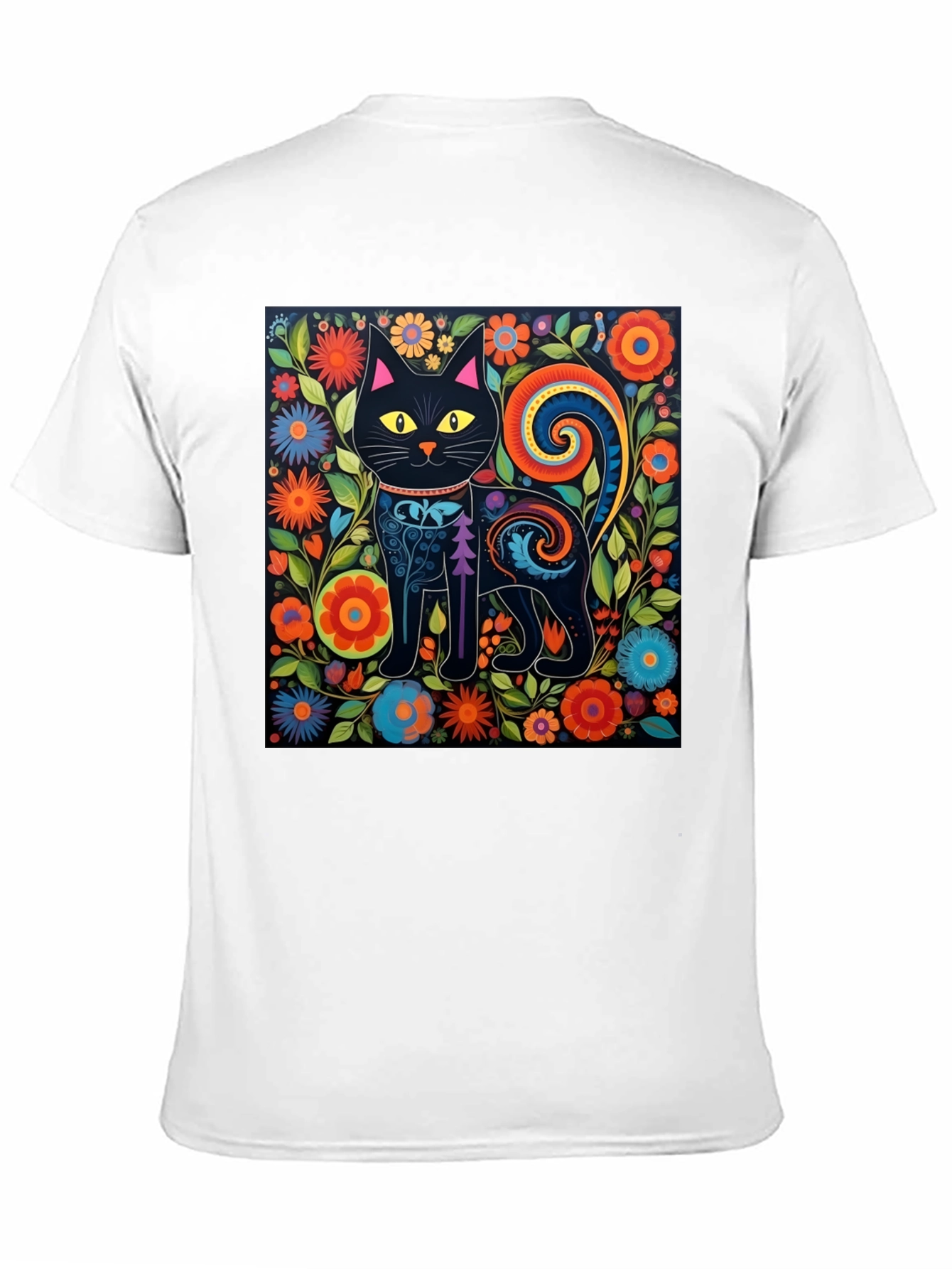 Floral Cat Graphic Tee - Unique Black T-Shirt