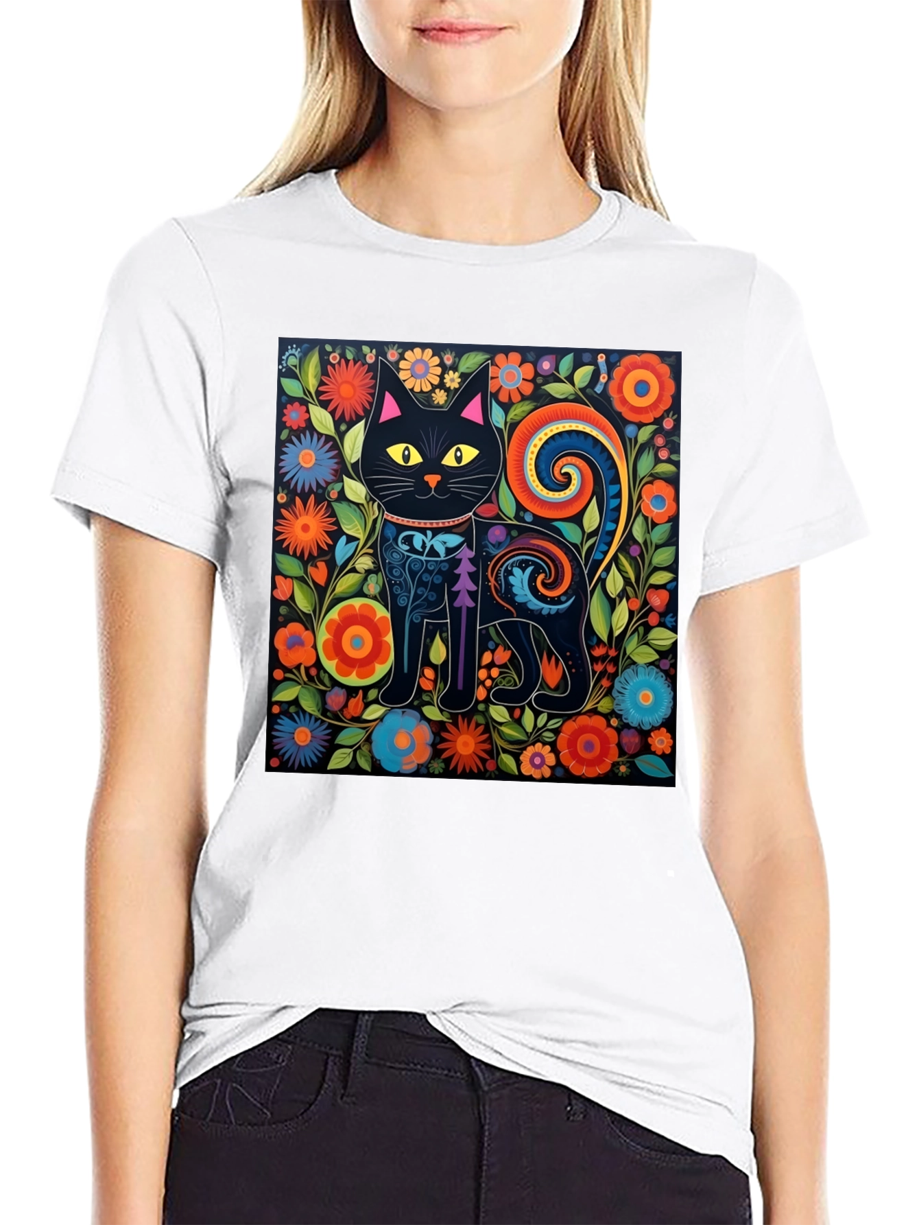 Floral Cat Graphic Tee - Unique Black T-Shirt