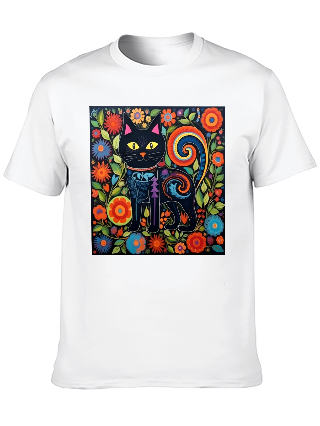 Floral Cat Graphic Tee - Unique Black T-Shirt