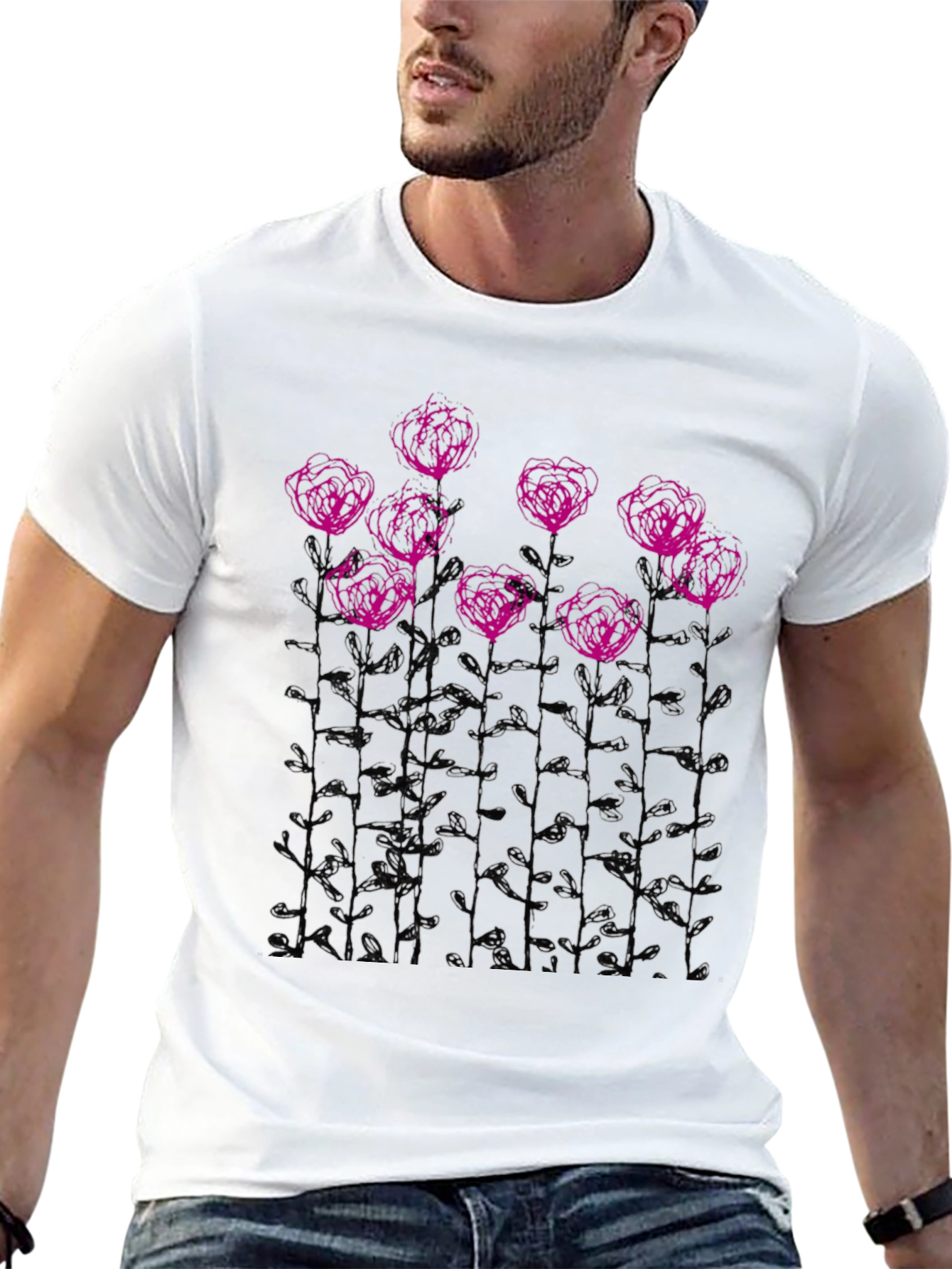 Floral Sketch Graphic Tee - Black Casual T-Shirt