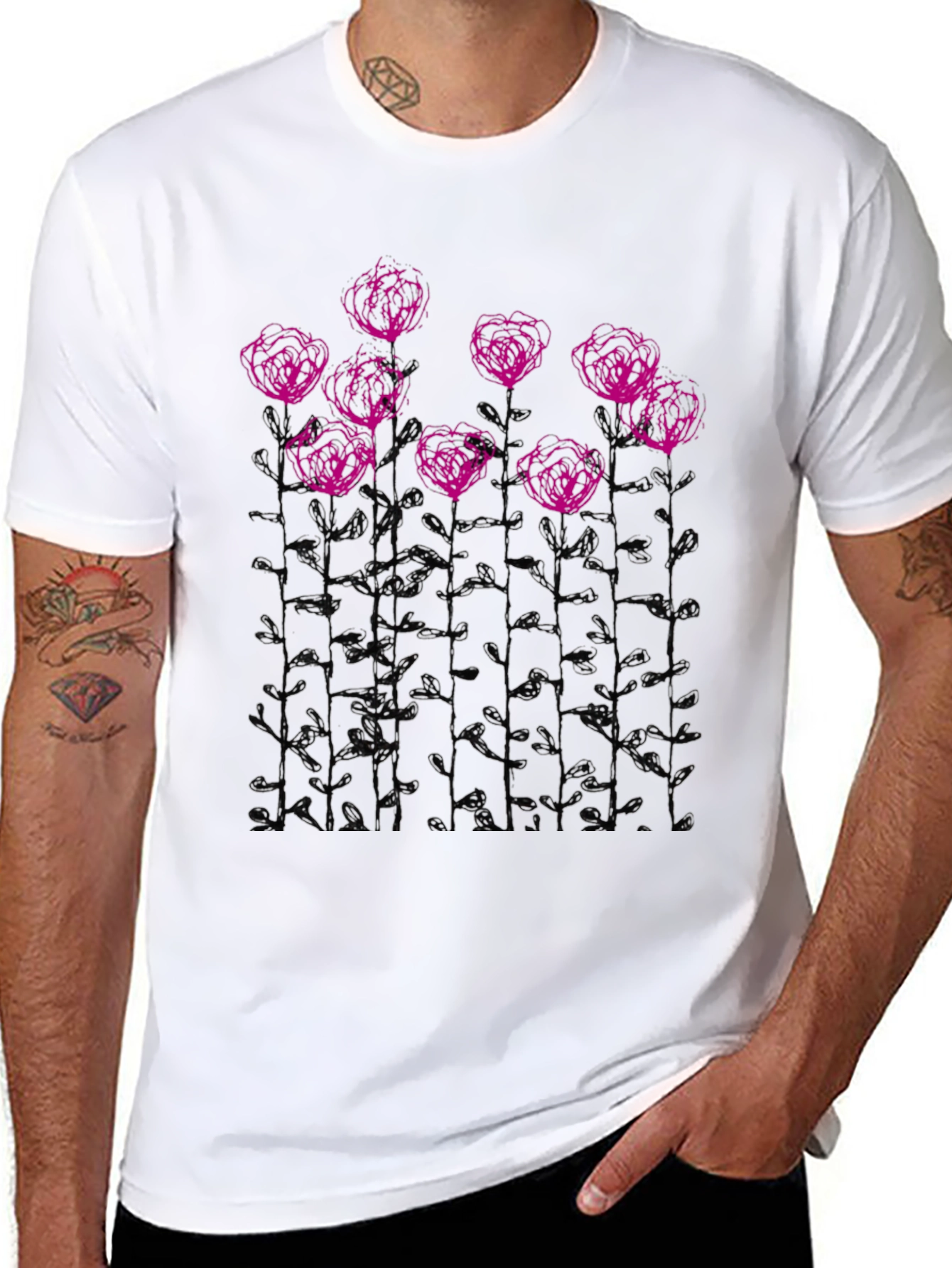 Floral Sketch Graphic Tee - Black Casual T-Shirt
