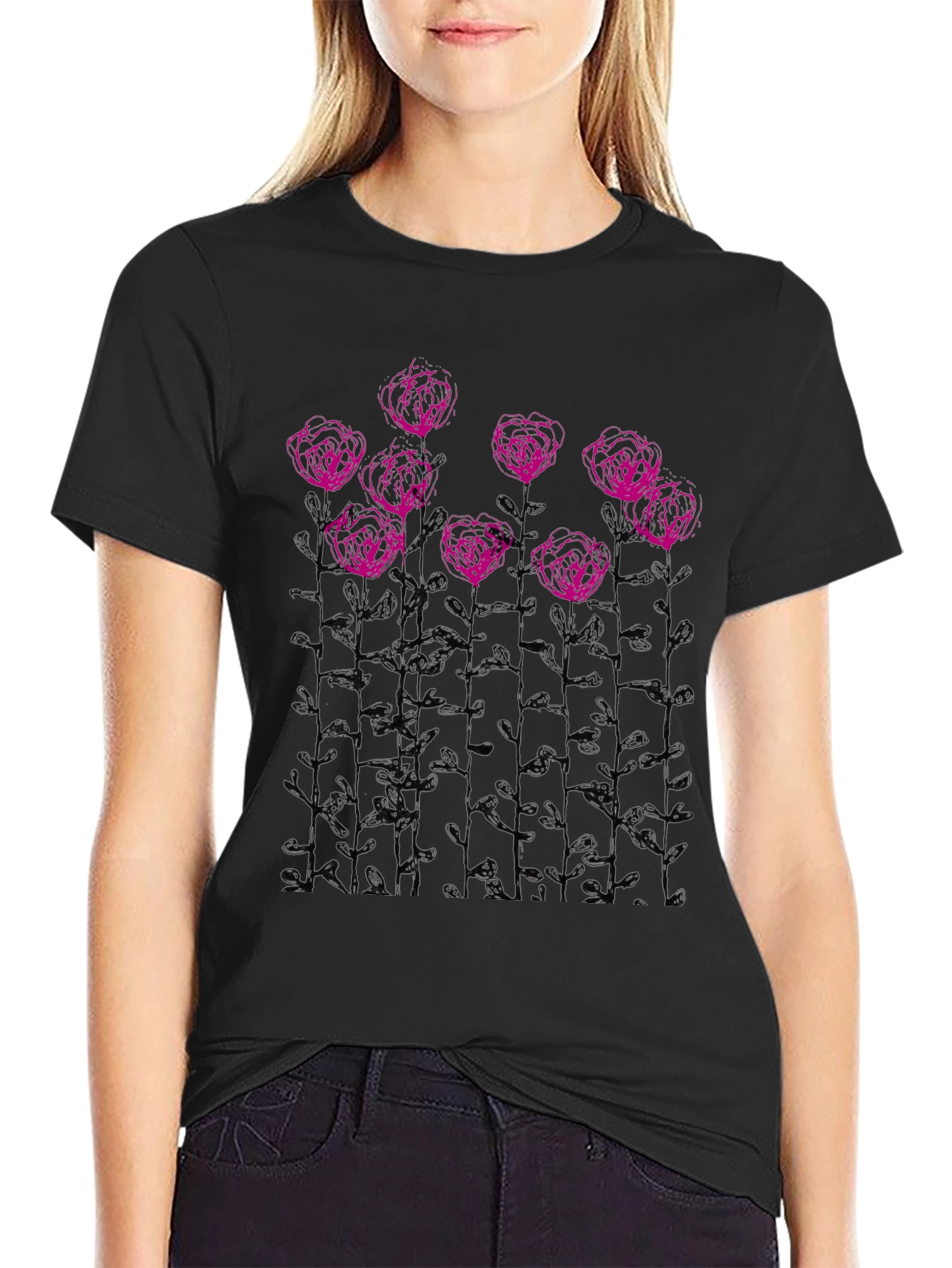 Floral Sketch Graphic Tee - Black Casual T-Shirt